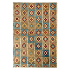 Midcentury Vintage Teppich in Beige und Blau mit All-Over-Diamant-Muster von Teppich & Kelim