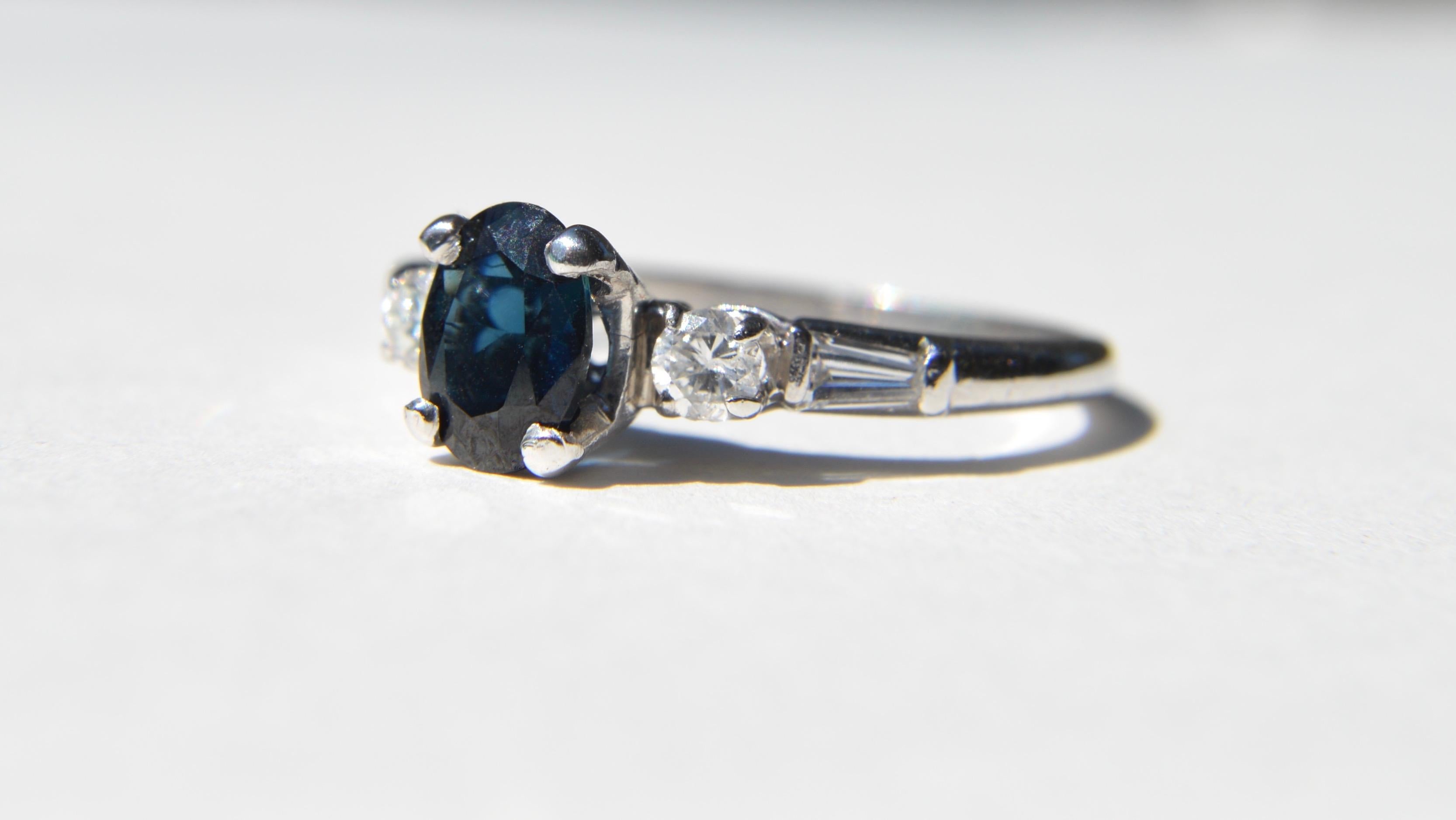 Modern Midcentury Vintage Sapphire Diamond Platinum Engagement Ring .43 Carat