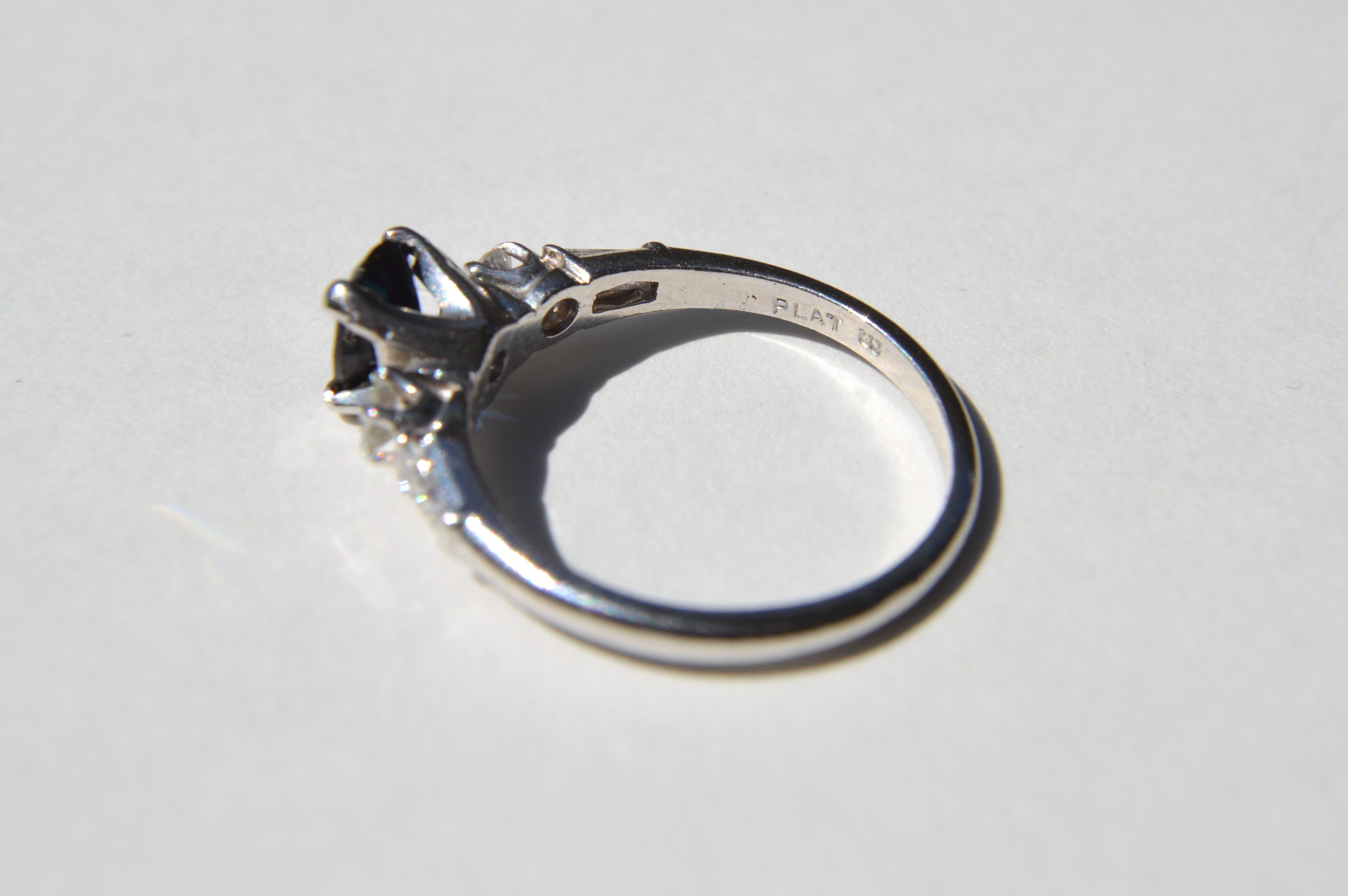 Oval Cut Midcentury Vintage Sapphire Diamond Platinum Engagement Ring .43 Carat