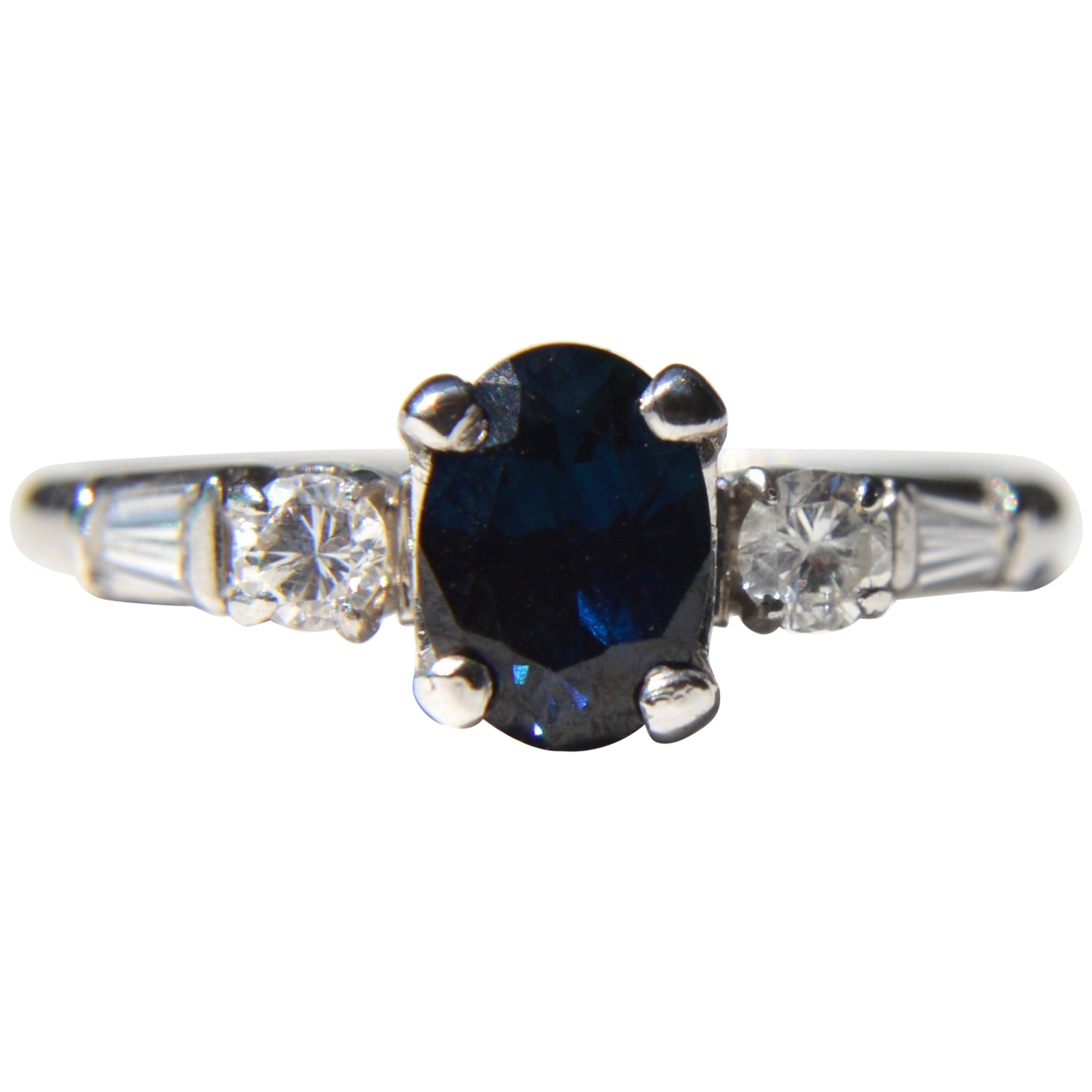 Midcentury Vintage Sapphire Diamond Platinum Engagement Ring .43 Carat