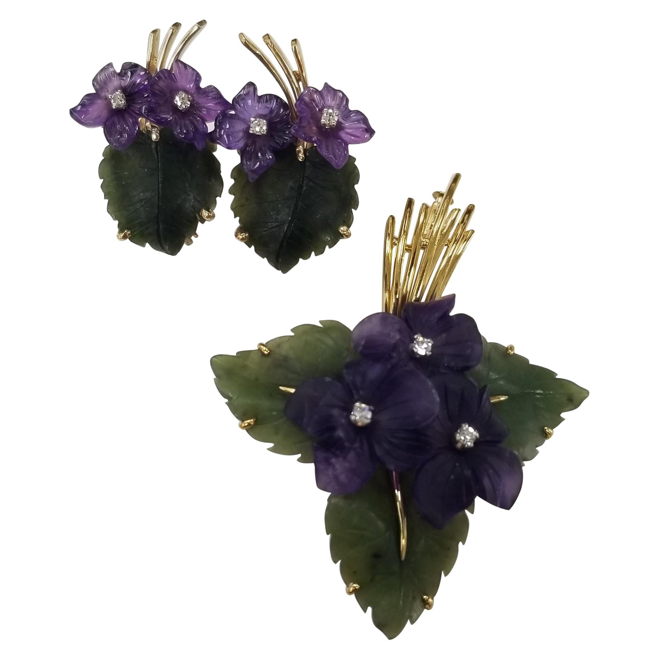 Midcentury Vintage Set of Pin and Earrings Features Carved Amethyst and Nephrite