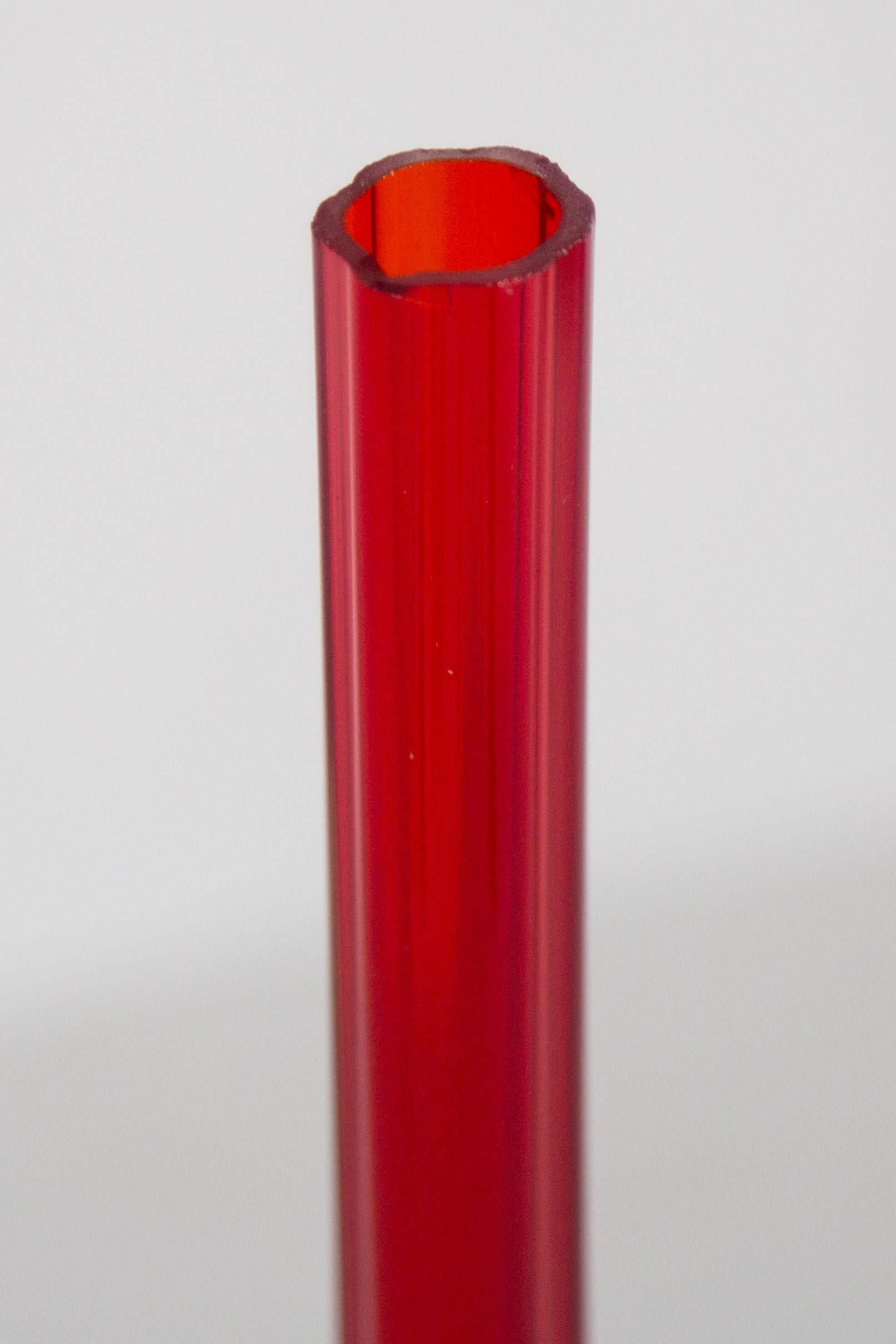 Midcentury Vintage Slim Red Decorative Glass Vase, Europe, 1960s For Sale 4
