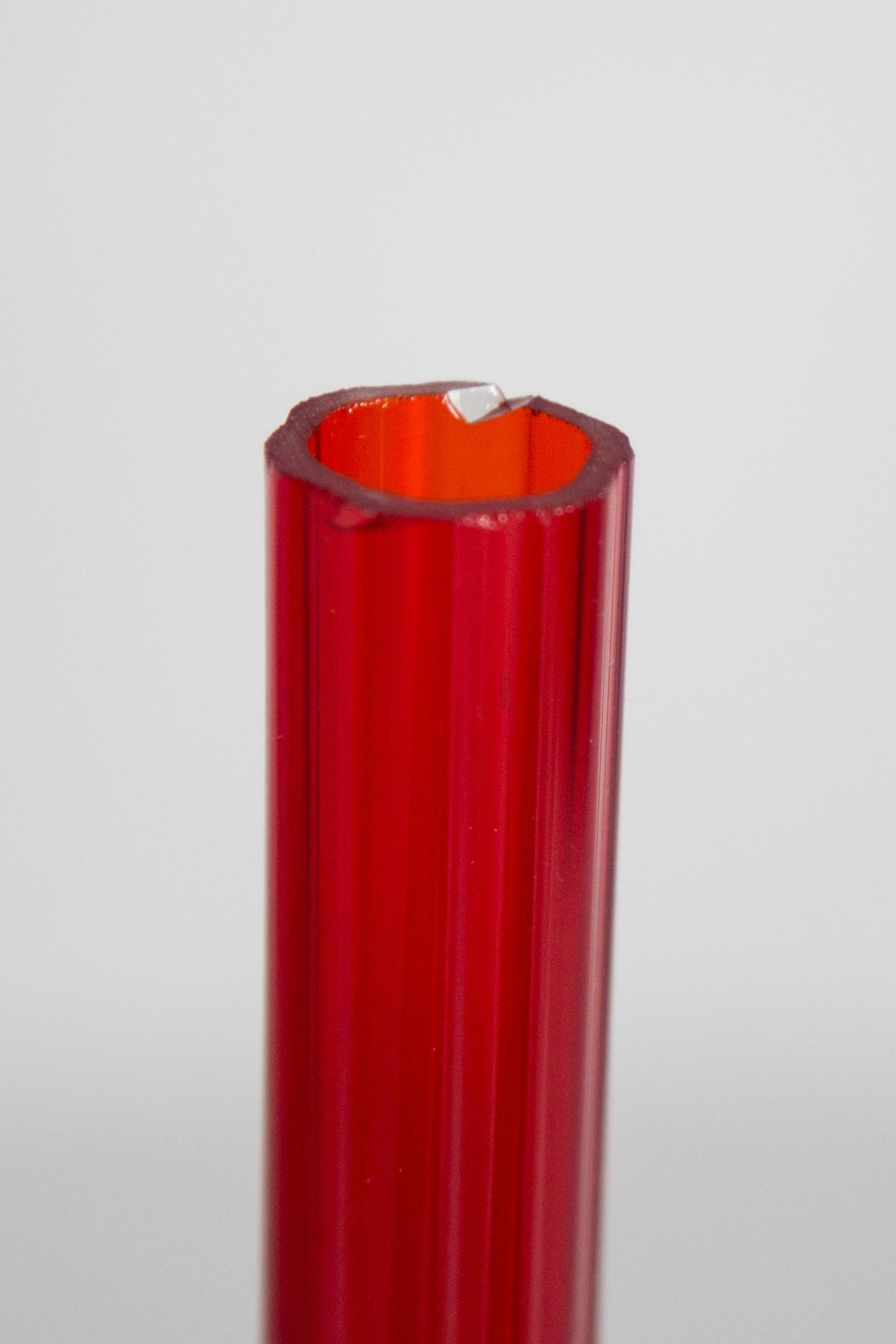 Midcentury Vintage Slim Red Decorative Glass Vase, Europe, 1960s For Sale 6