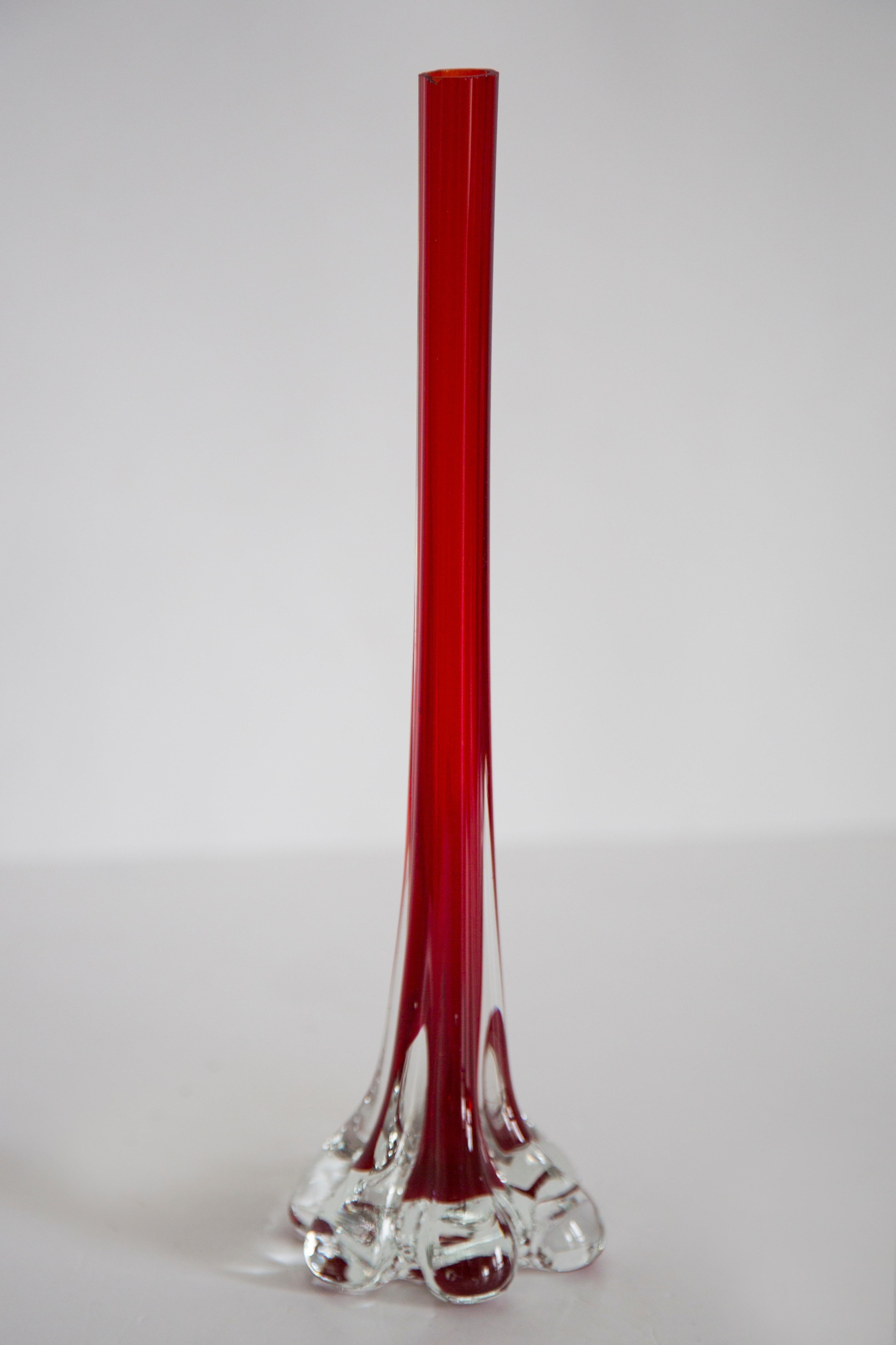 Midcentury Vintage Slim Red Decorative Glass Vase, Europe, 1960s For Sale 1