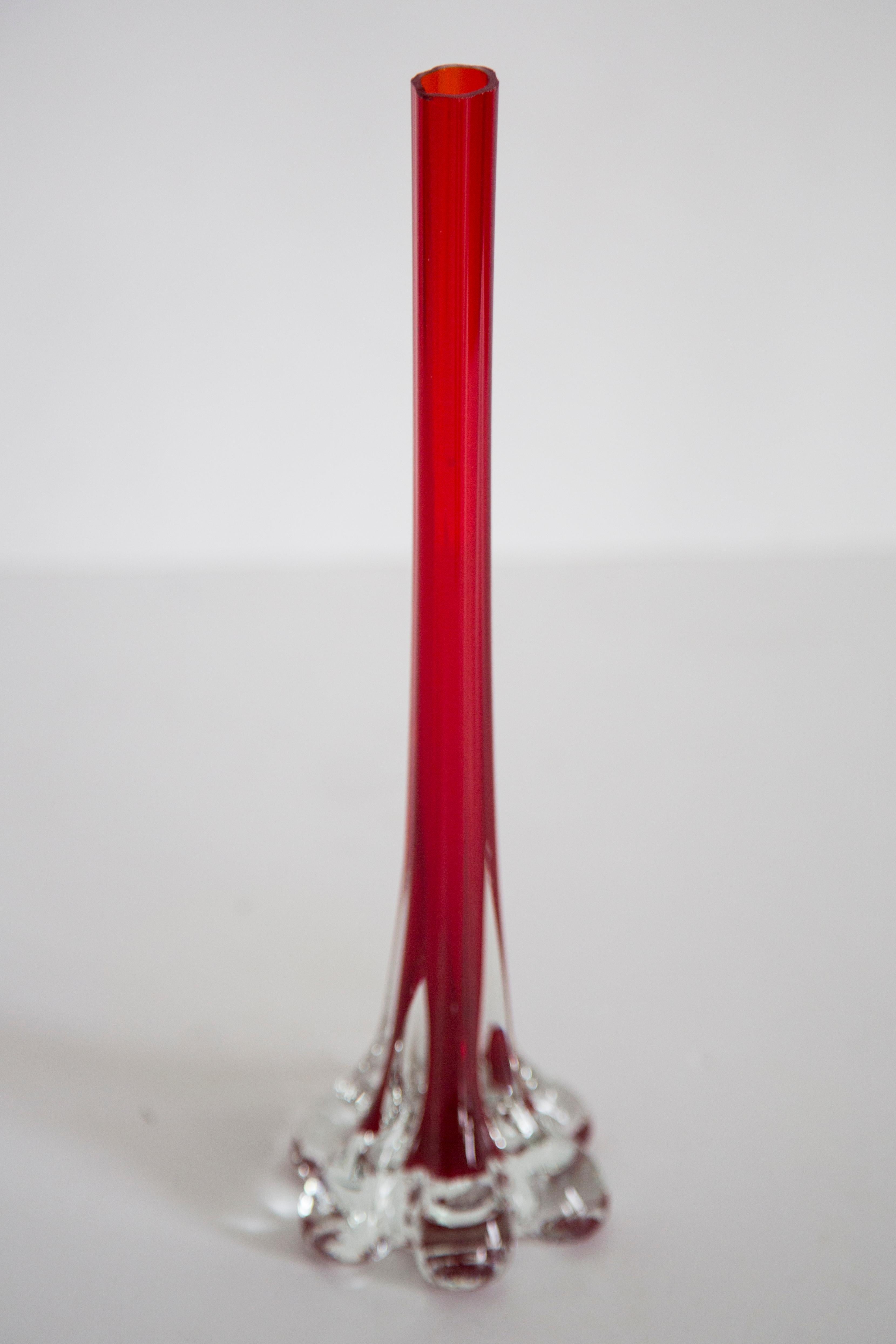 Midcentury Vintage Slim Red Decorative Glass Vase, Europe, 1960s For Sale 2