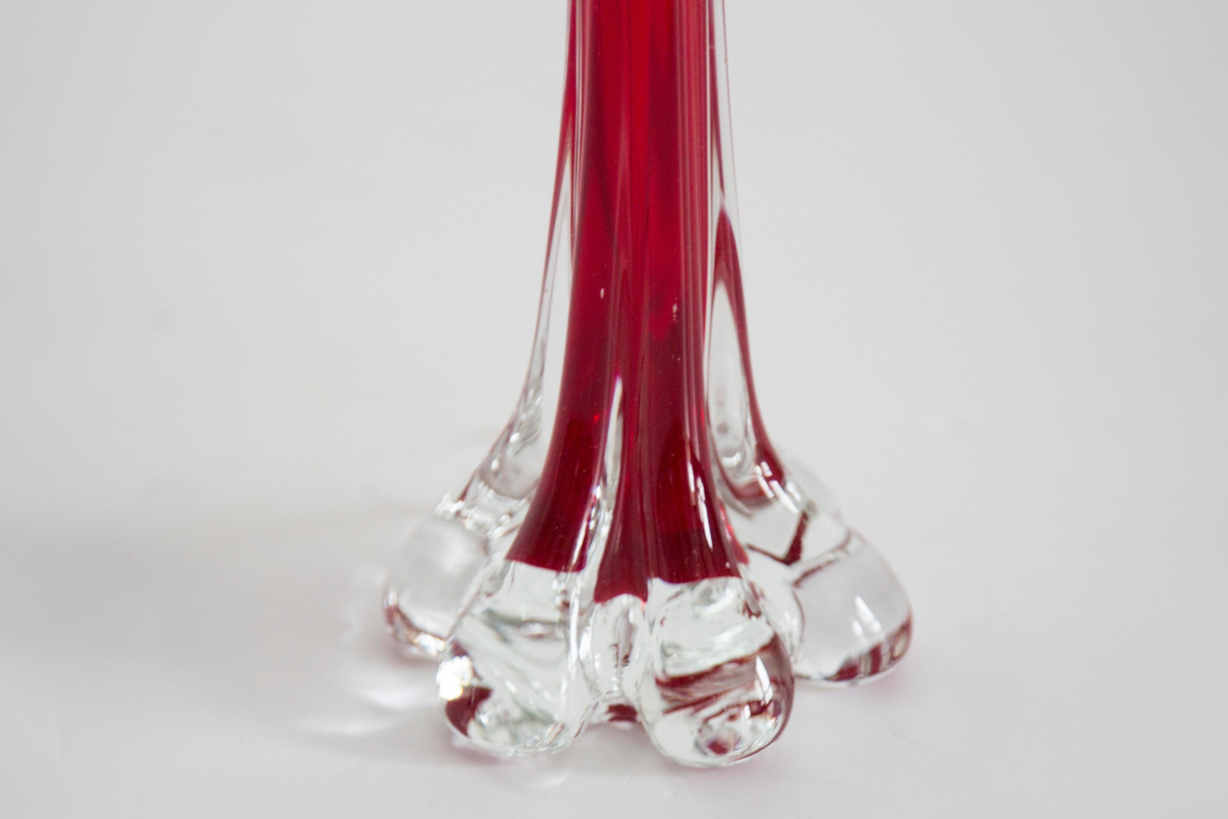 Midcentury Vintage Slim Red Decorative Glass Vase, Europe, 1960s For Sale 3