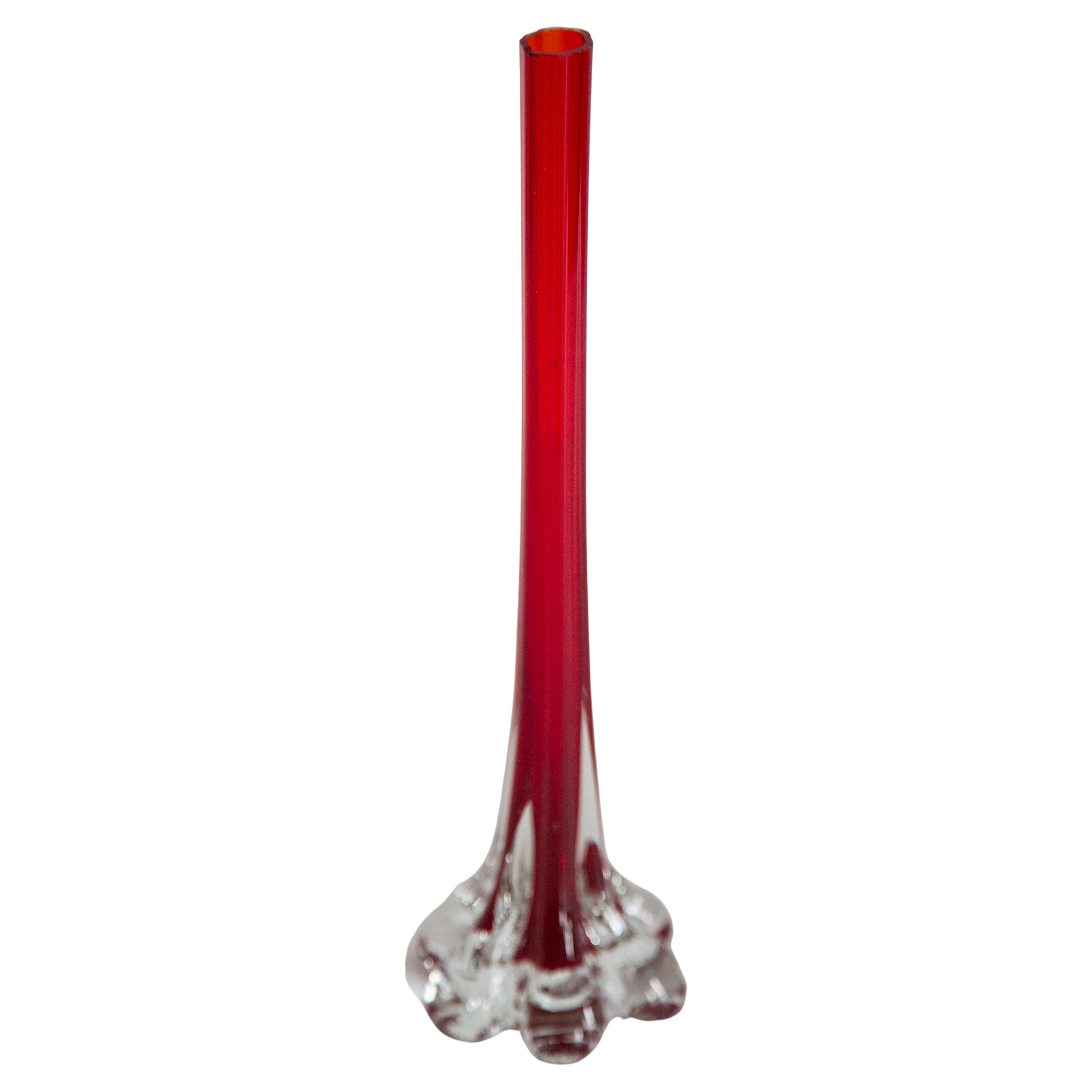 Midcentury Vintage Slim Red Decorative Glass Vase, Europe, 1960s For Sale