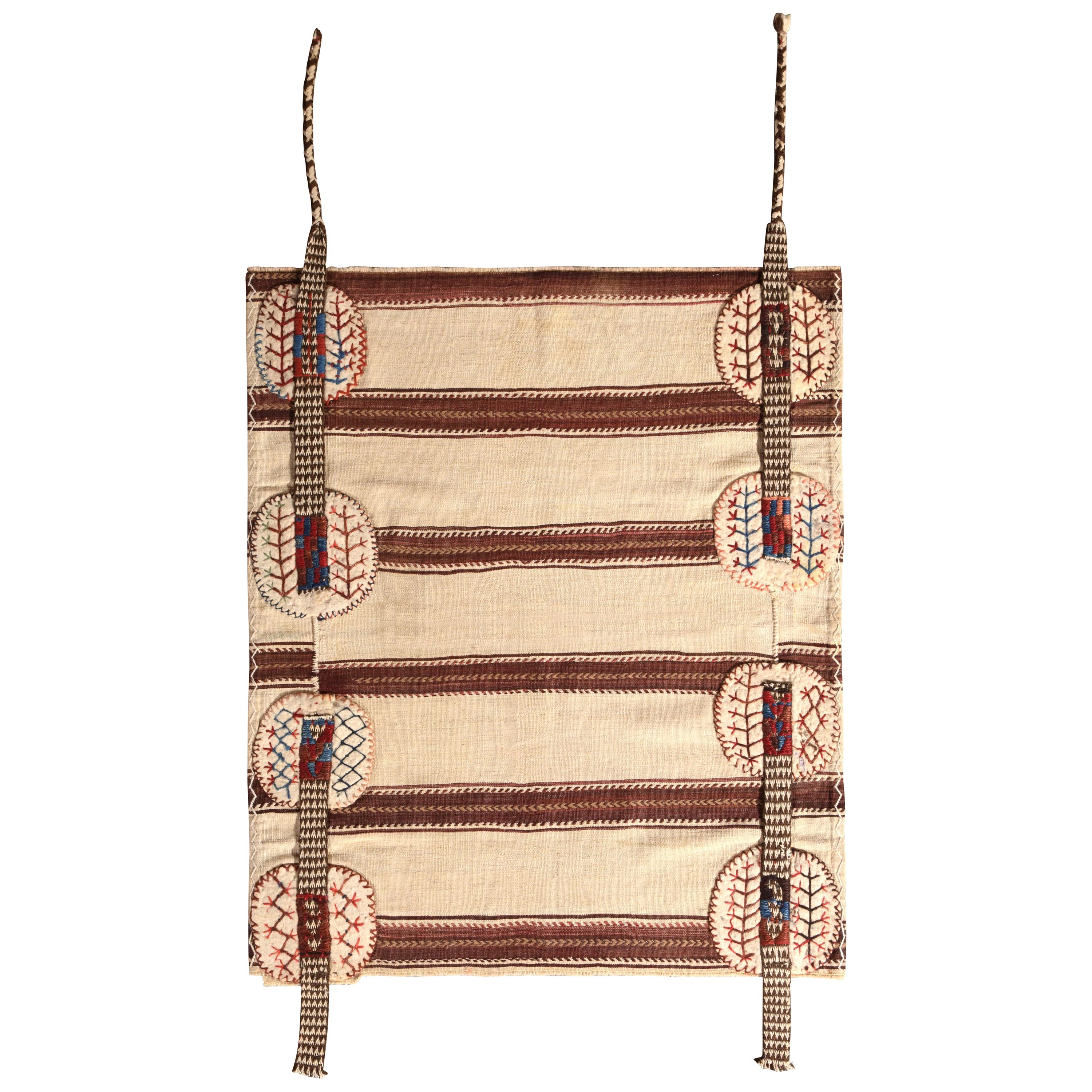 Midcentury Vintage Striped Kilim Beige Brown Bag Rug by Rug & Kilim