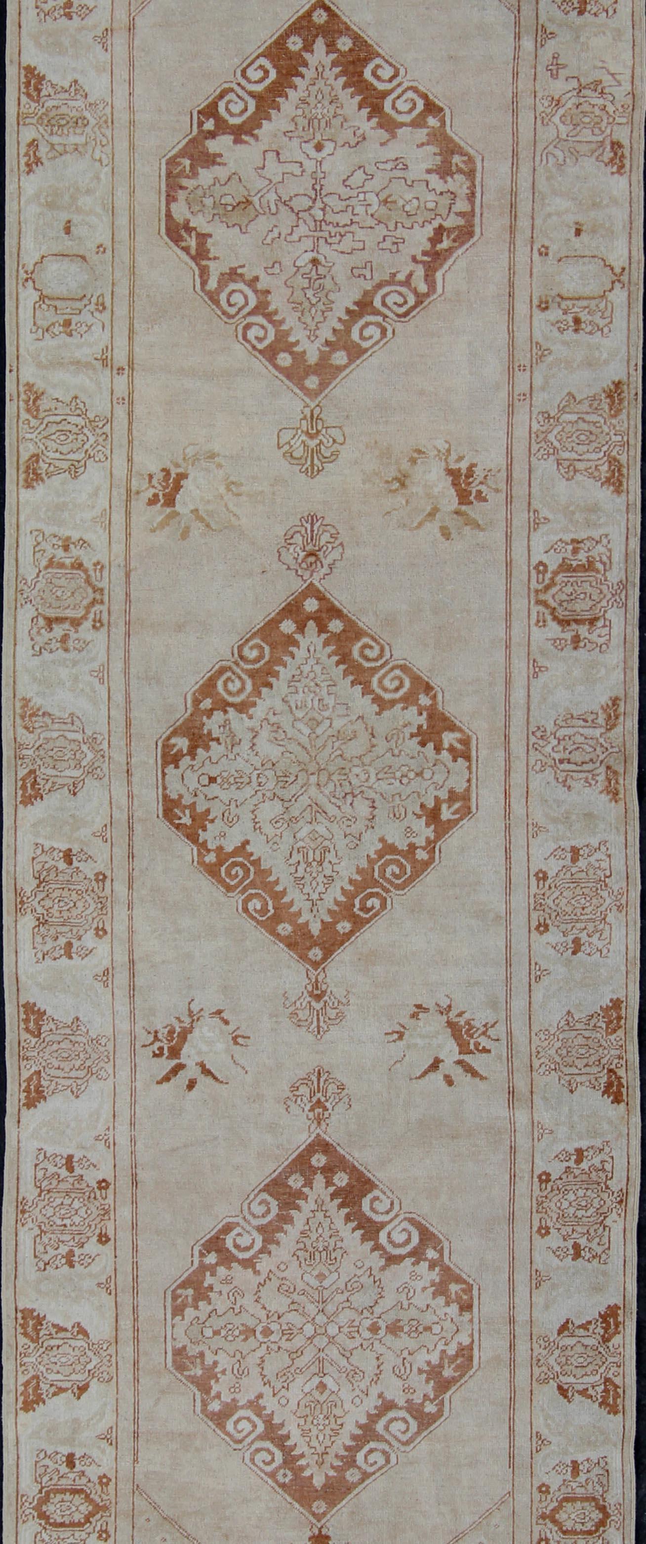 Hand-Knotted Midcentury Vintage Turkish Oushak Gallery Runner with Three Flowing Medallions