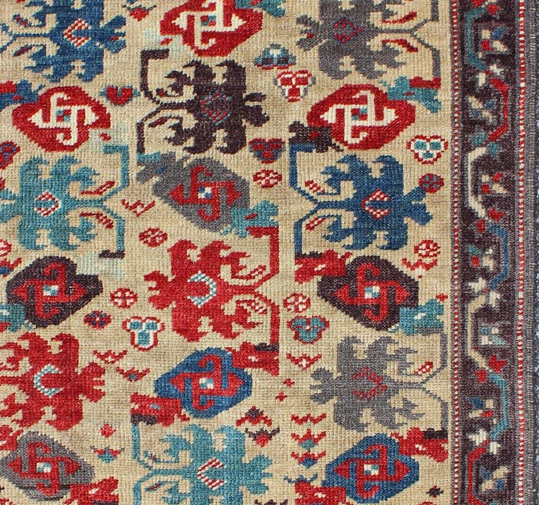 Midcentury Vintage Turkish Oushak Rug with All-Over Tribal Pattern in Cream In Excellent Condition For Sale In Atlanta, GA