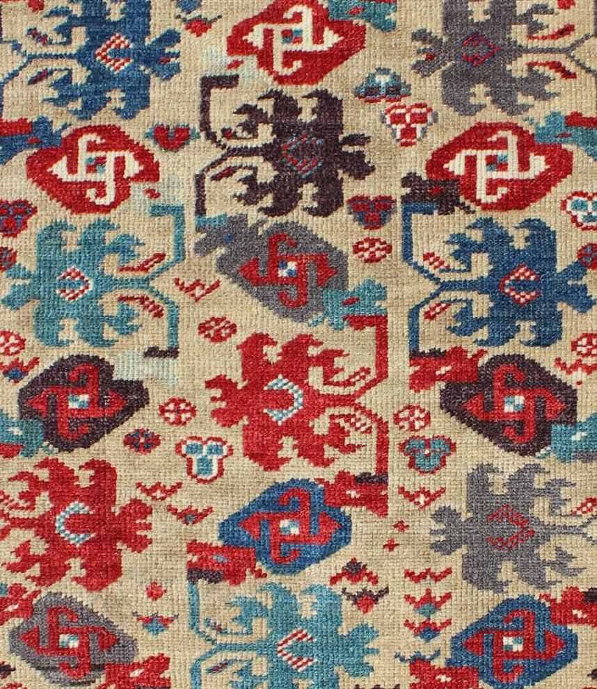 20th Century Midcentury Vintage Turkish Oushak Rug with All-Over Tribal Pattern in Cream For Sale