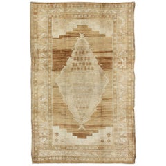 Midcentury Vintage Turkish Rug with Central Medallion in Brown and Ivory