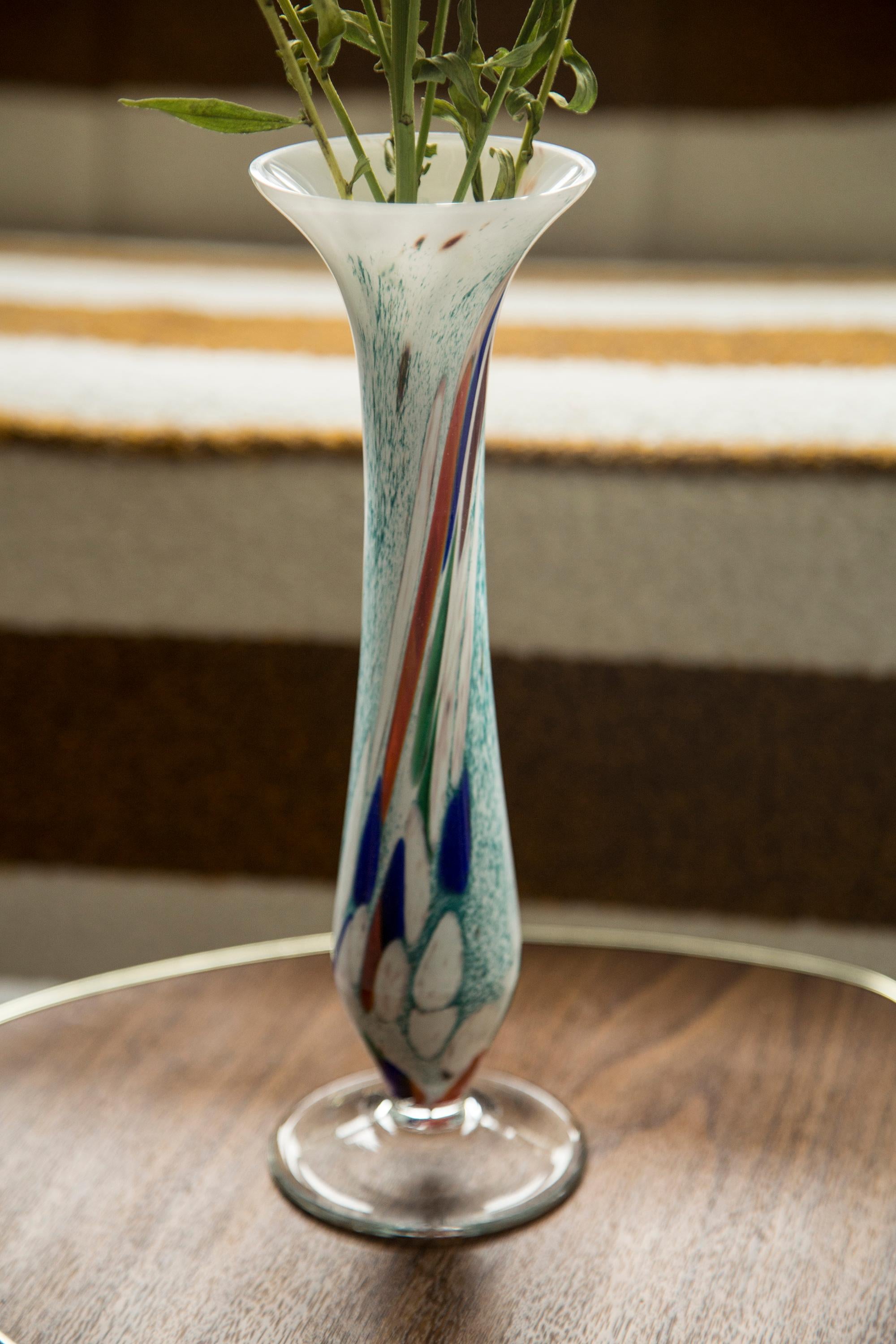 Mid-Century Modern Midcentury Vintage White and Blue Slim Murano Vase, Italy, 1960s For Sale