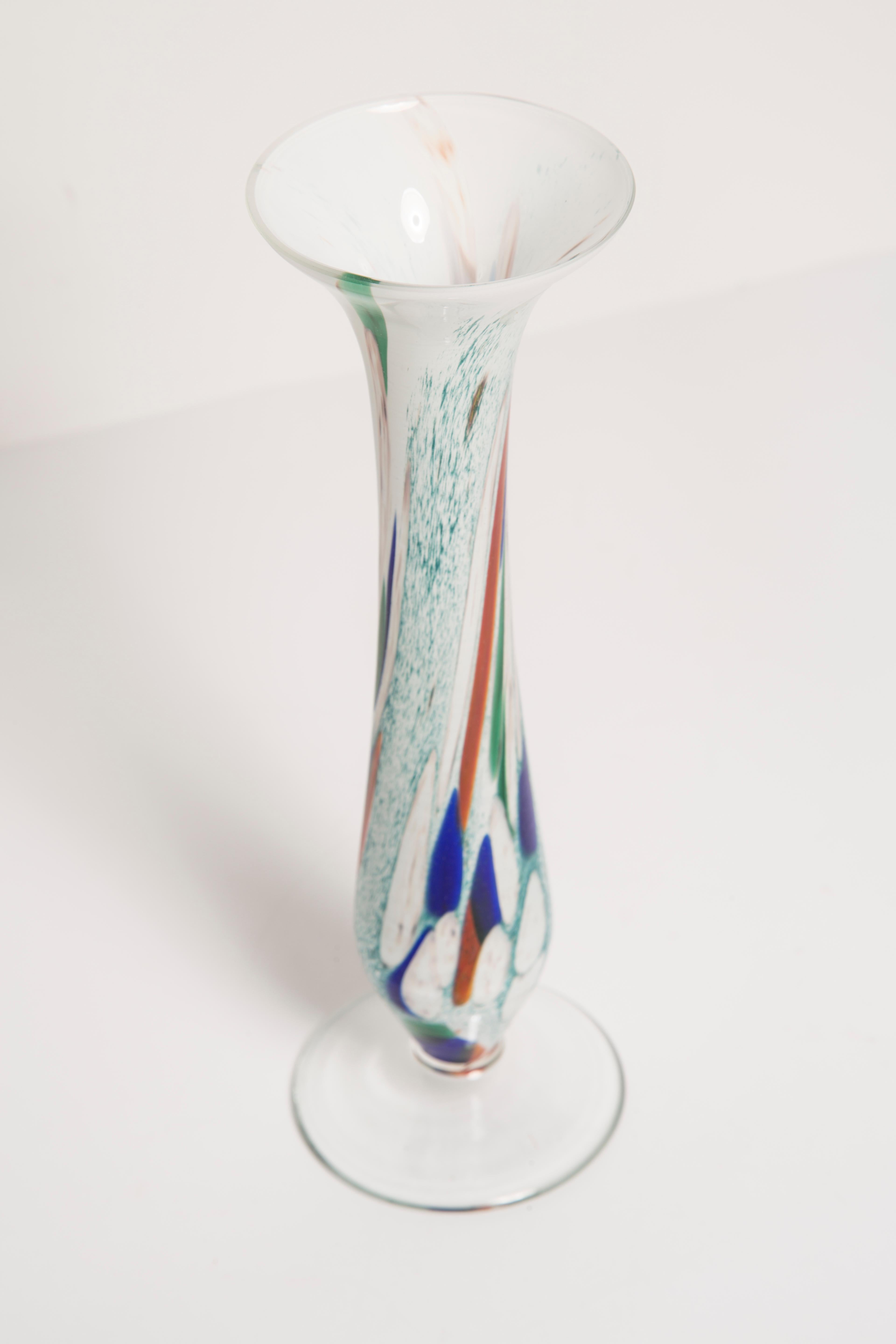 Glass Midcentury Vintage White and Blue Slim Murano Vase, Italy, 1960s For Sale
