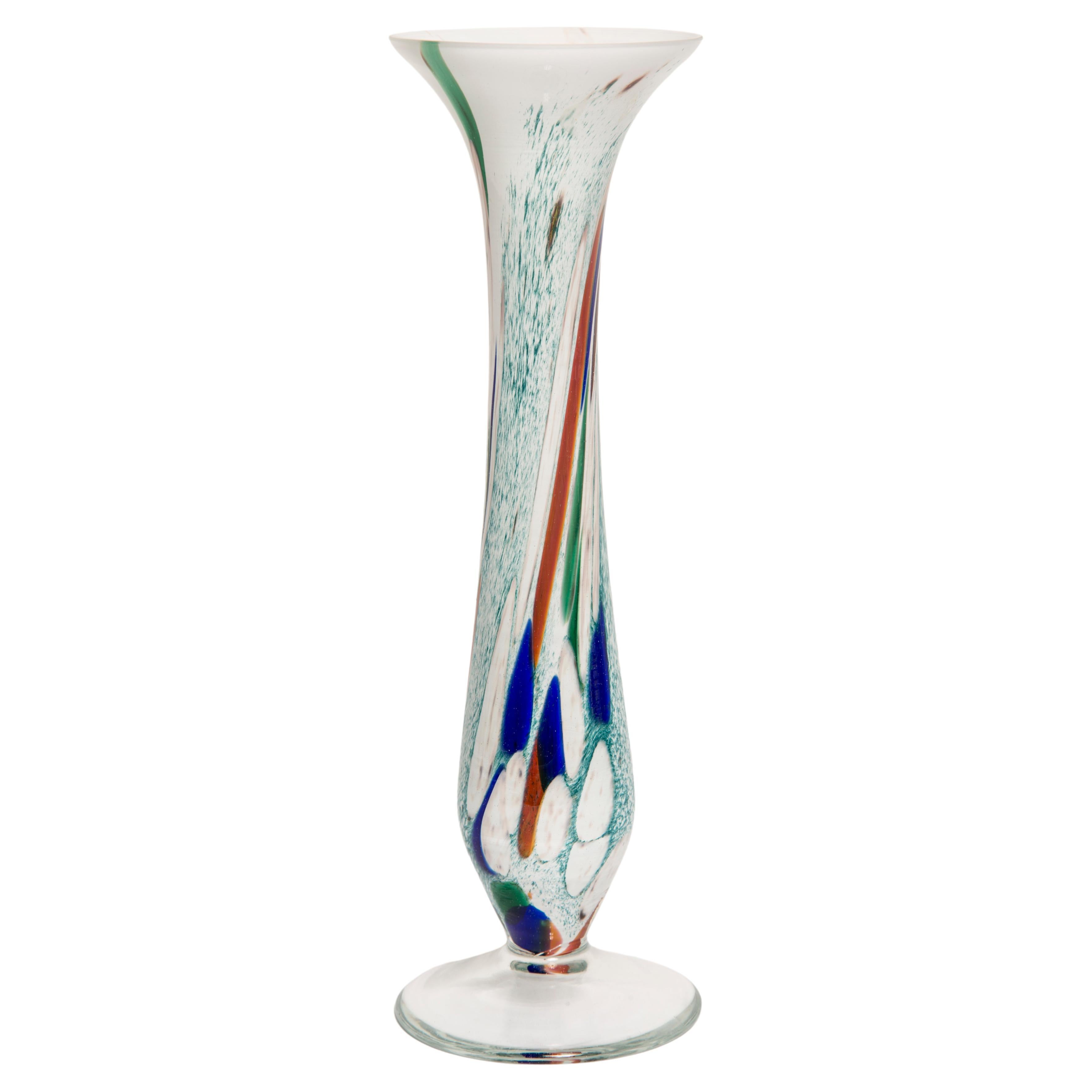 Midcentury Vintage White and Blue Slim Murano Vase, Italy, 1960s For Sale