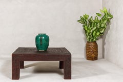 Midcentury Vintage Woven Rattan Dark Brown Parsons Leg Coffee Table