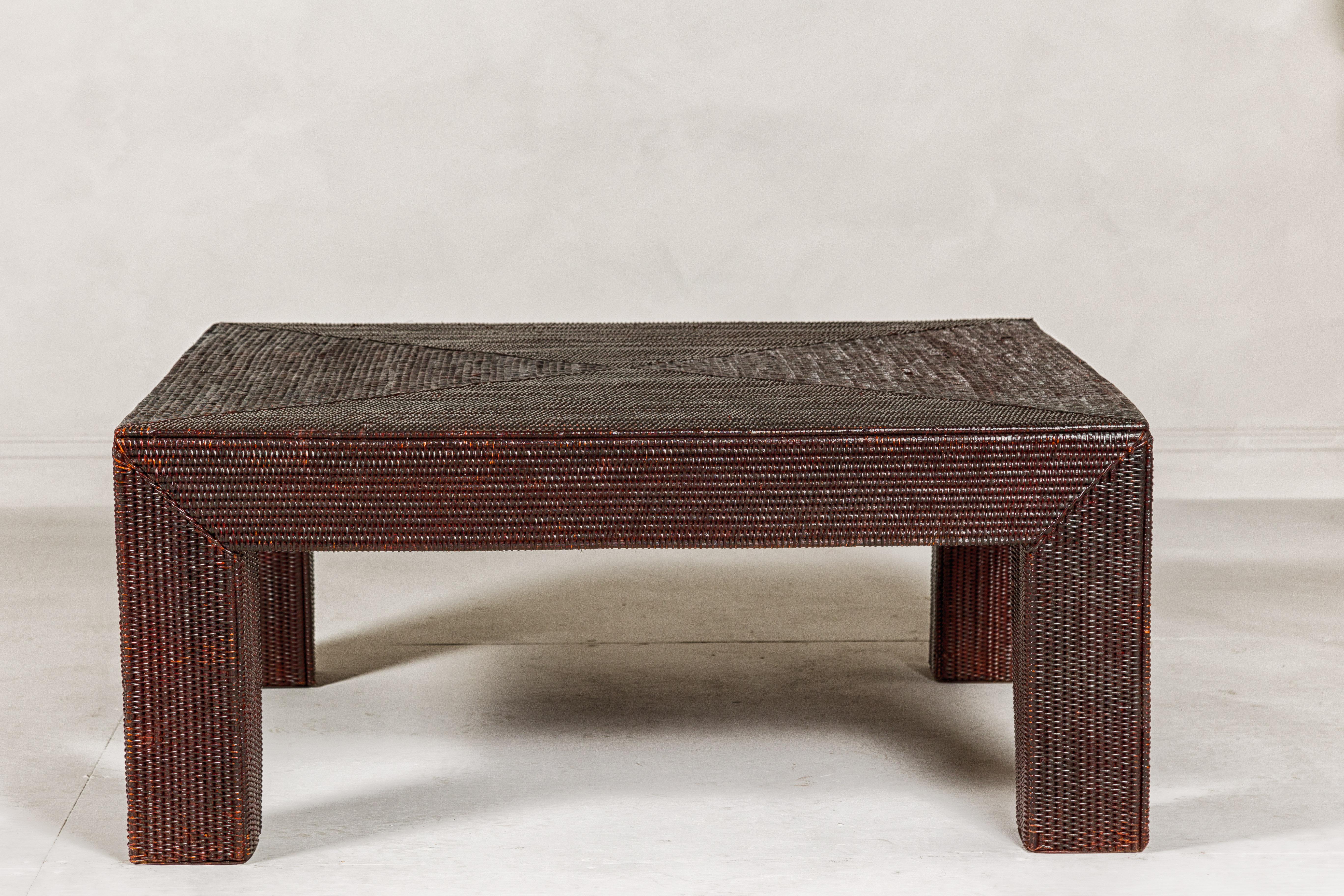 Mid-Century Modern Midcentury Vintage Woven Rattan Dark Brown Parsons Leg Coffee Table For Sale