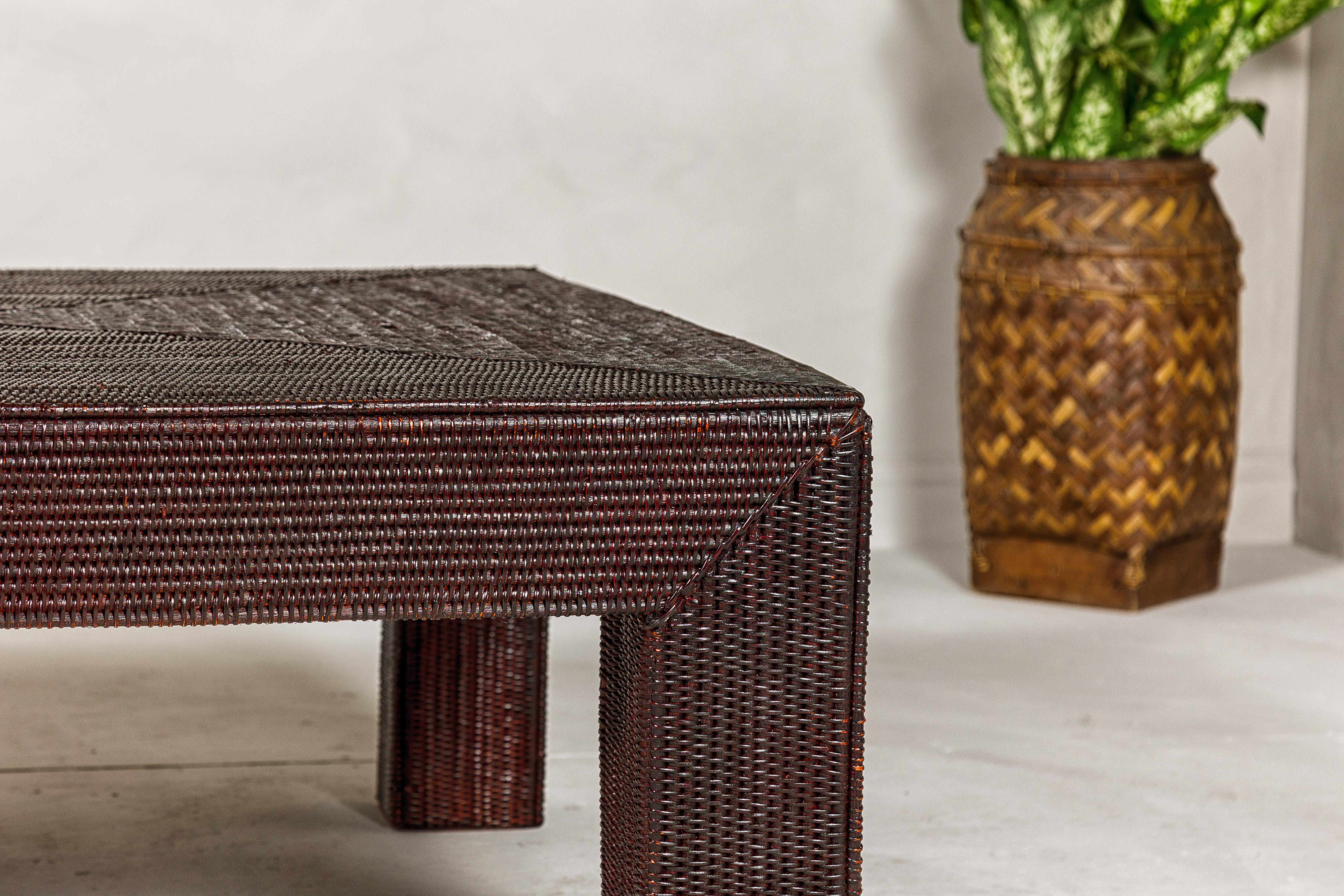 20th Century Midcentury Vintage Woven Rattan Dark Brown Parsons Leg Coffee Table For Sale