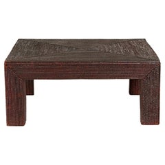 Table basse à pieds Parsons en rotin tressé brun foncé, d'époque médiévale