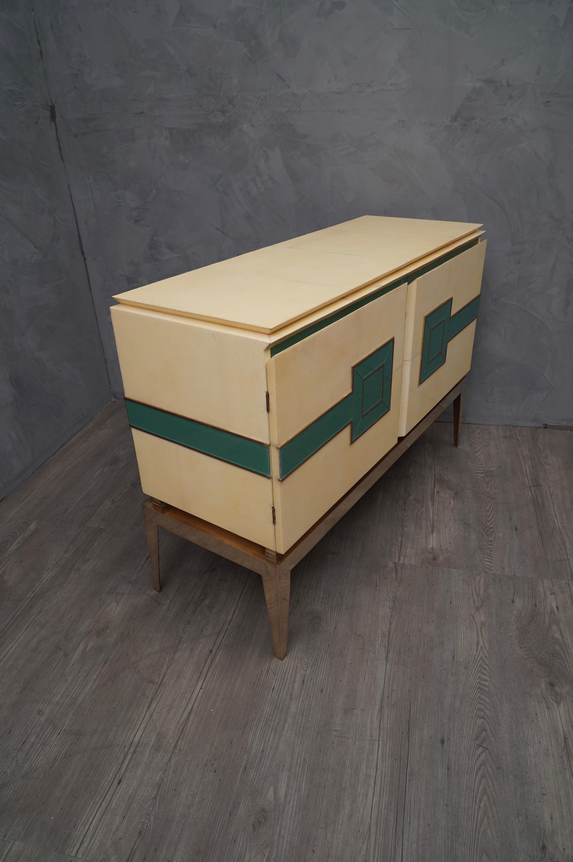 Midcentury Vitrified Goat Skin and Brass Legs Italian Sideboards, 1950 3