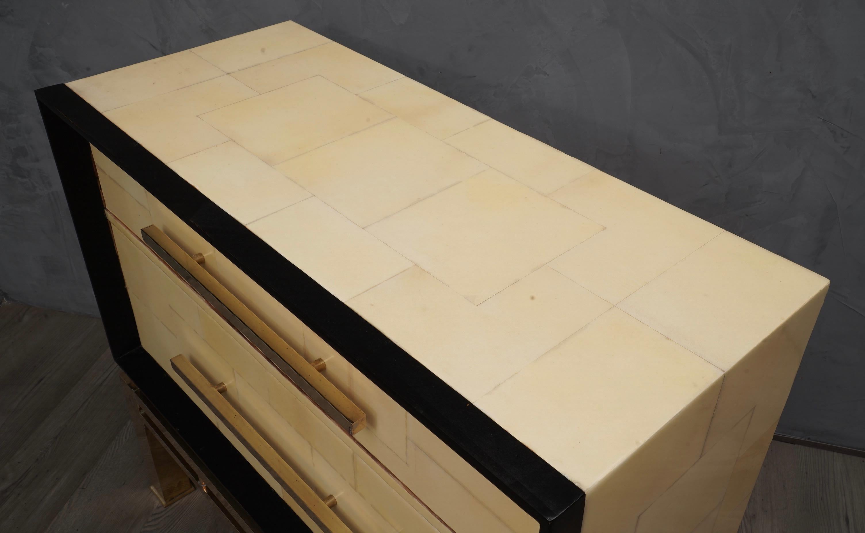 Midcentury Vitrified Goatskin and Brass Italian Chests of Drawers, 1950 In Good Condition In Rome, IT