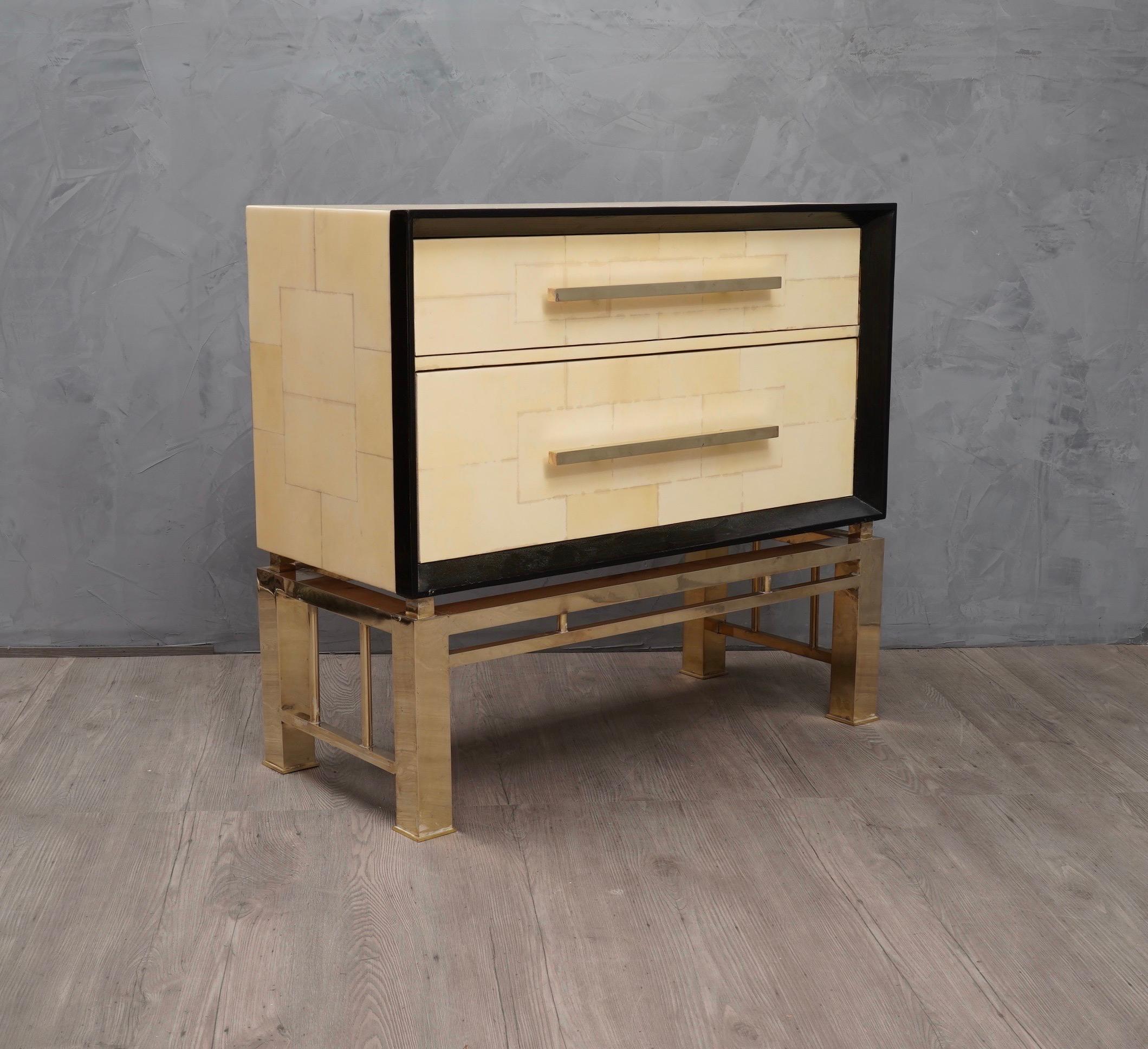 Mid-20th Century Midcentury Vitrified Goatskin and Brass Italian Chests of Drawers, 1950