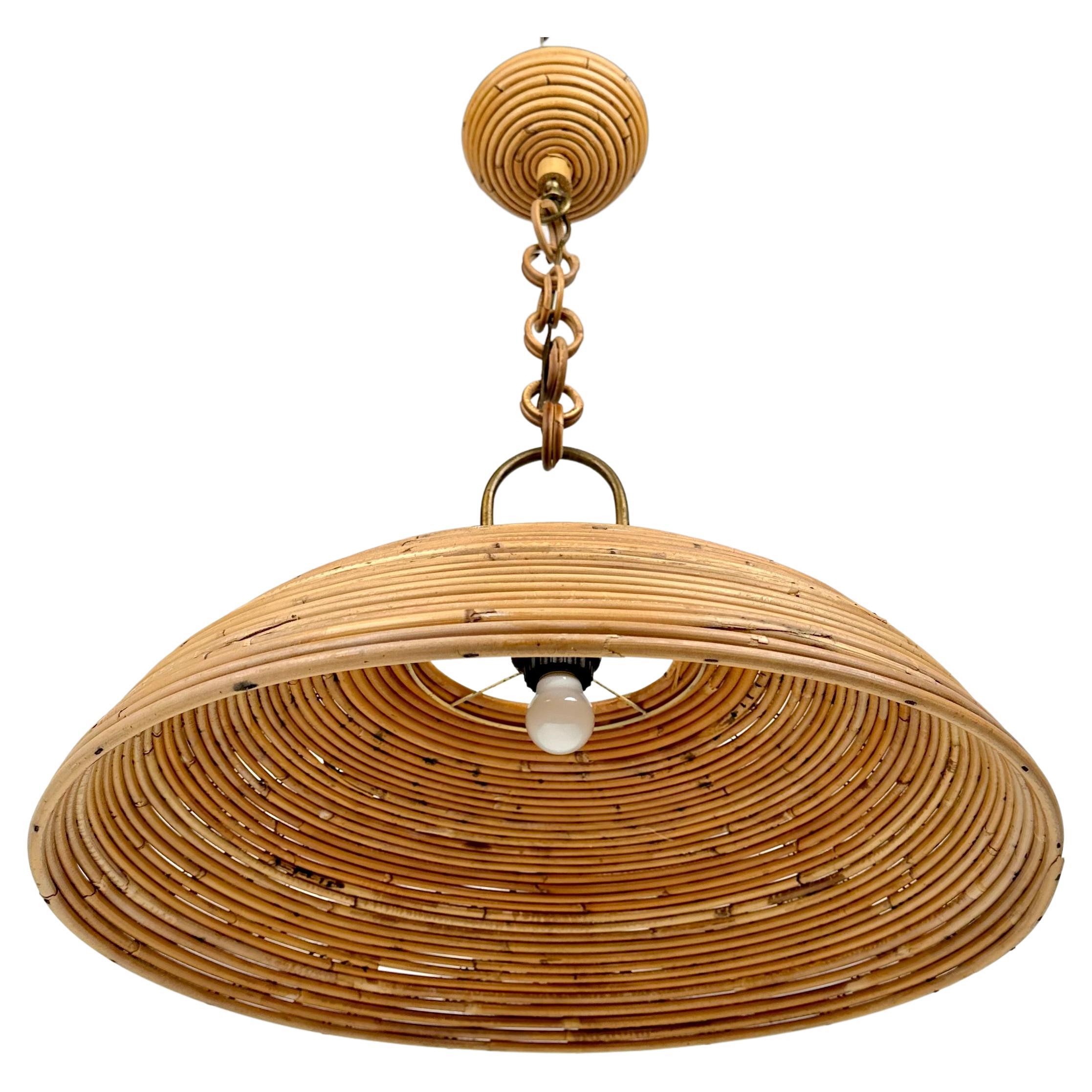 Midcentury Vivai Del Sud Rattan and Brass Chandelier Pendant, Italy, 1960s In Good Condition In Rome, IT