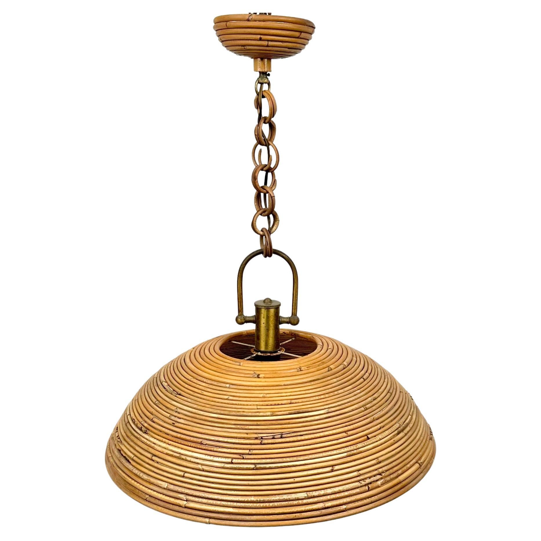 Mid-20th Century Midcentury Vivai Del Sud Rattan and Brass Chandelier Pendant, Italy, 1960s
