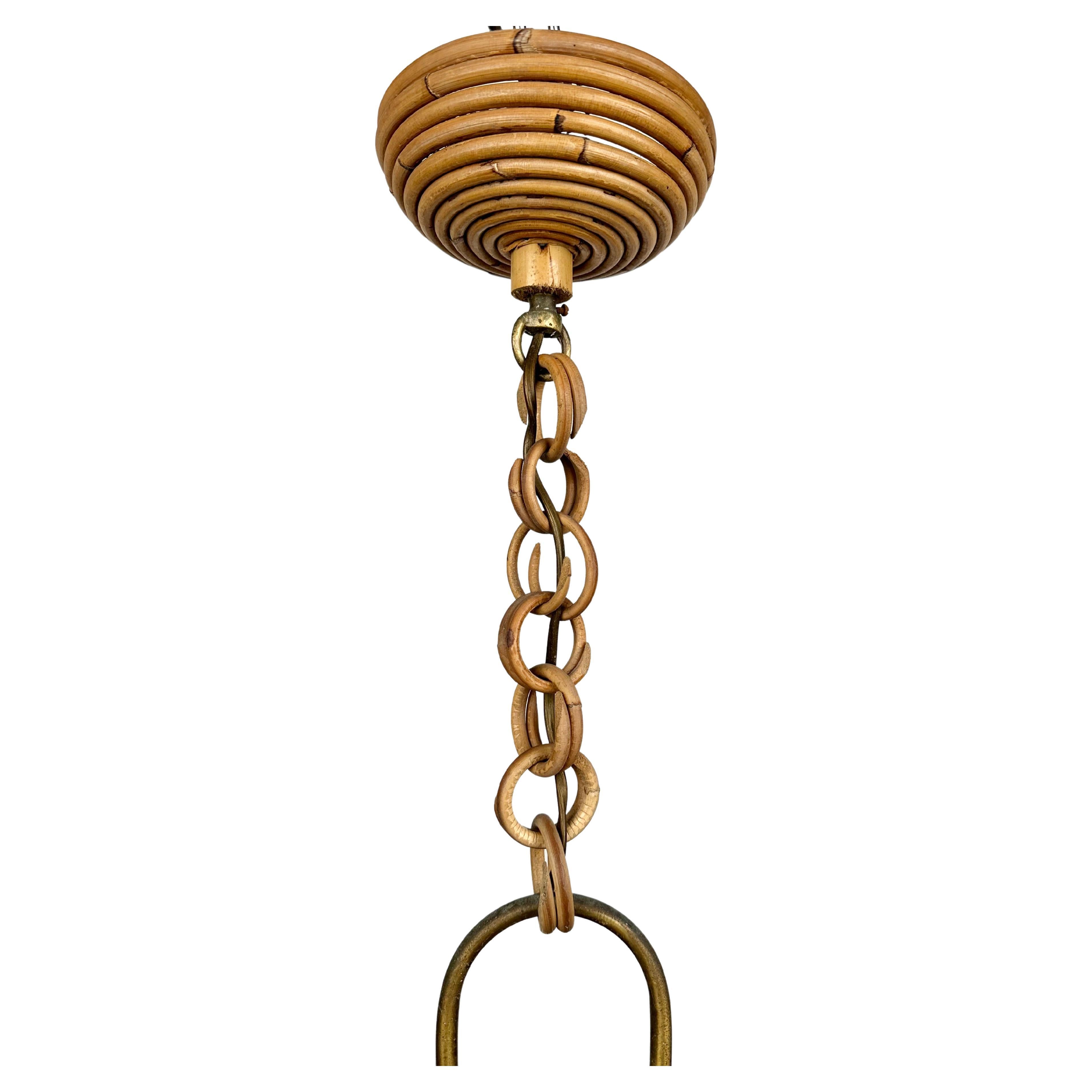 Midcentury Vivai Del Sud Rattan and Brass Chandelier Pendant, Italy, 1960s 1