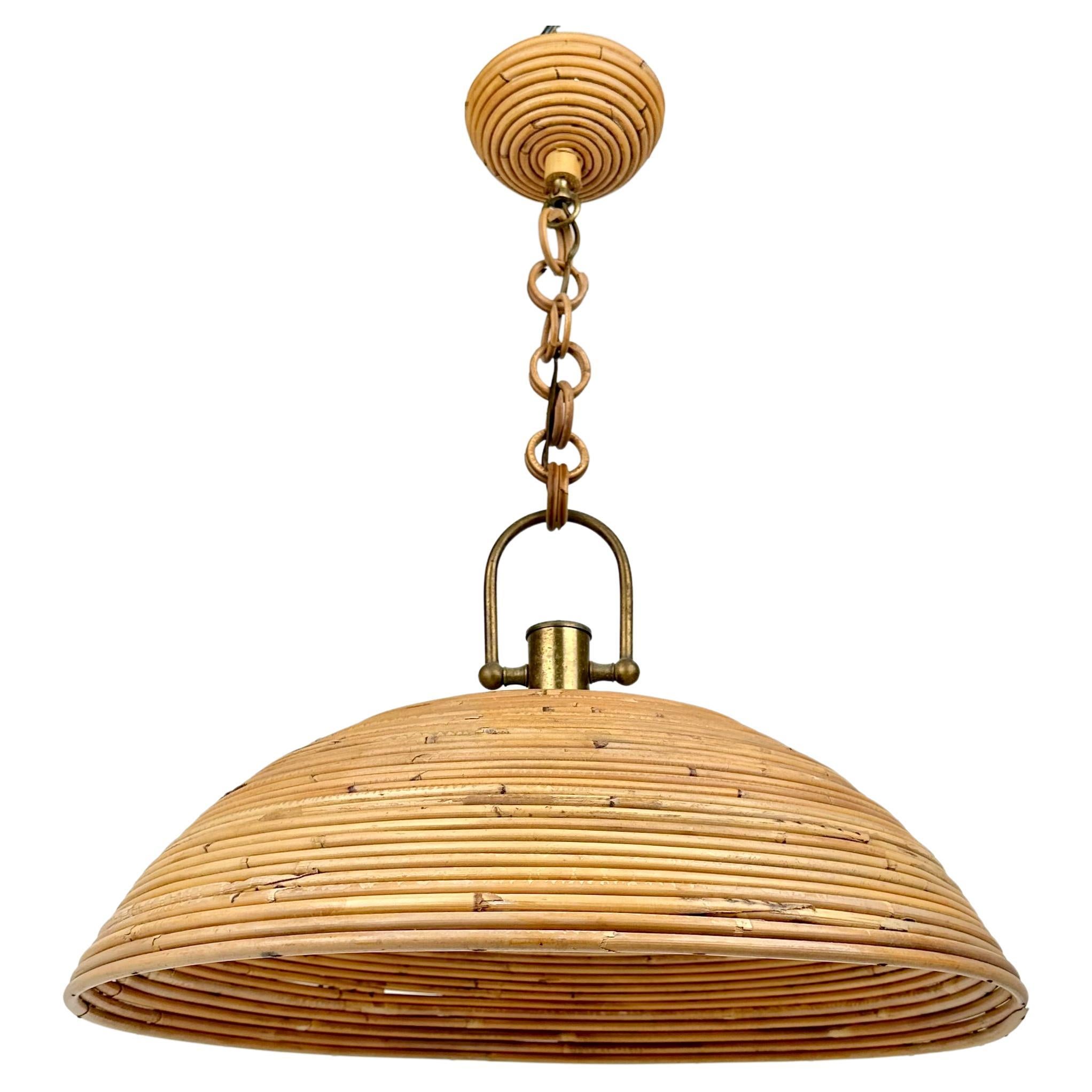 Midcentury Vivai Del Sud Rattan and Brass Chandelier Pendant, Italy, 1960s