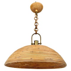 Midcentury Vivai Del Sud Rattan and Brass Chandelier Pendant, Italy, 1960s
