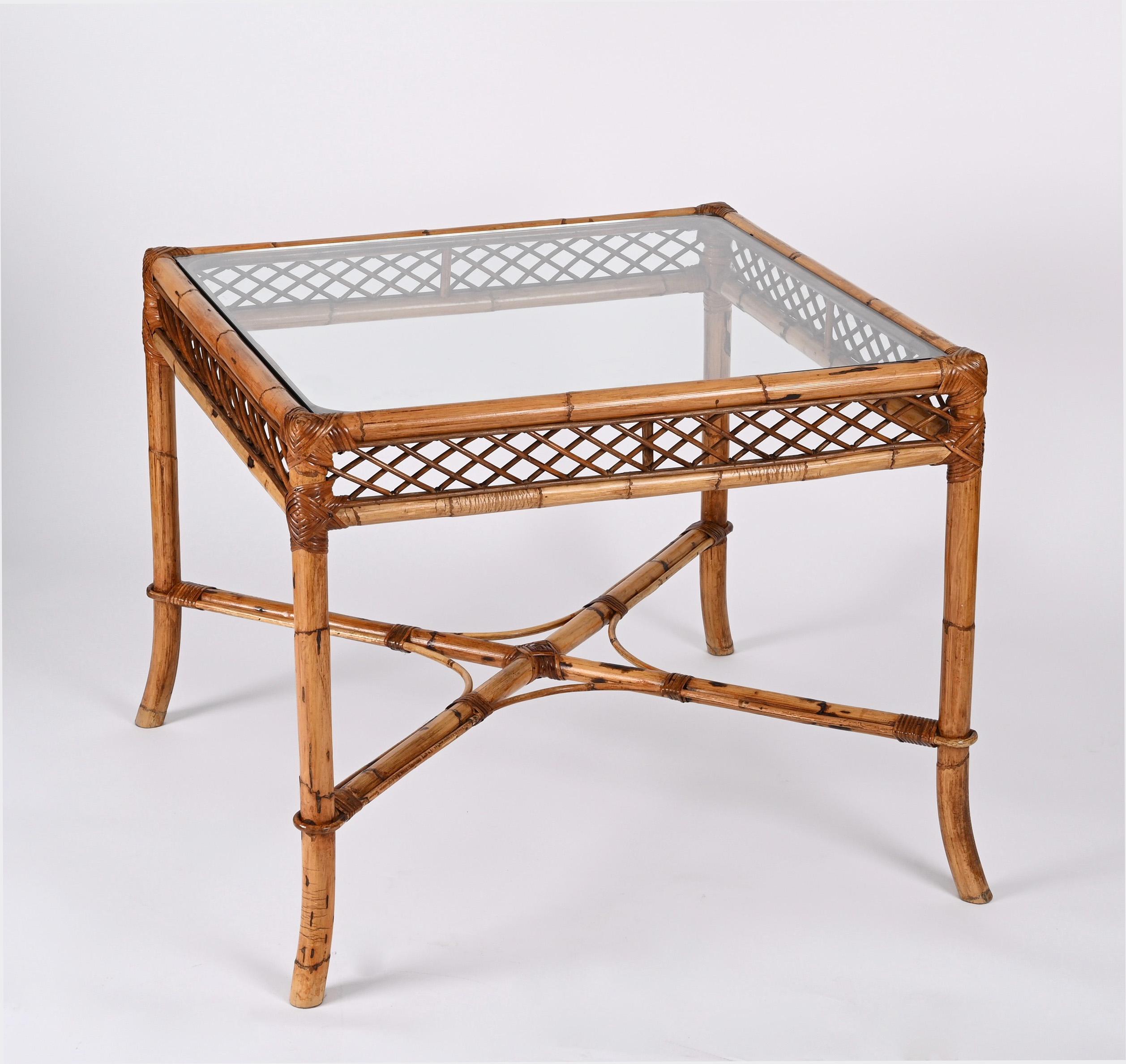 Midcentury Vivai del Sud Squared Bamboo Italian Dining Table with Glass Top 1960 4