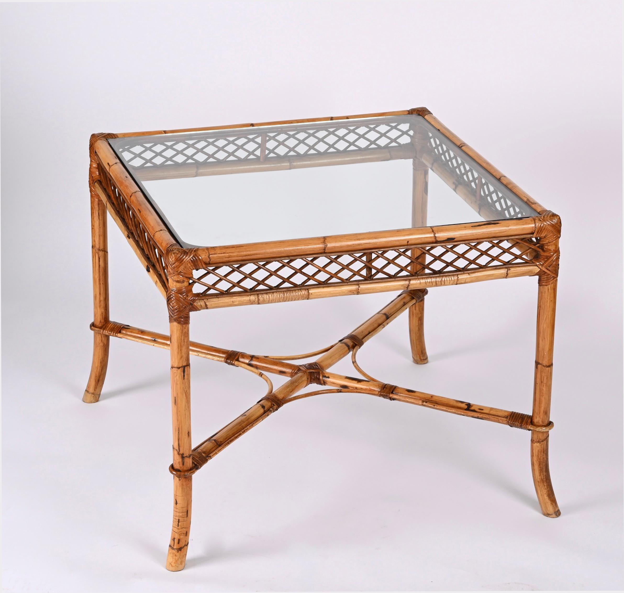 Midcentury Vivai del Sud Squared Bamboo Italian Dining Table with Glass Top 1960 5