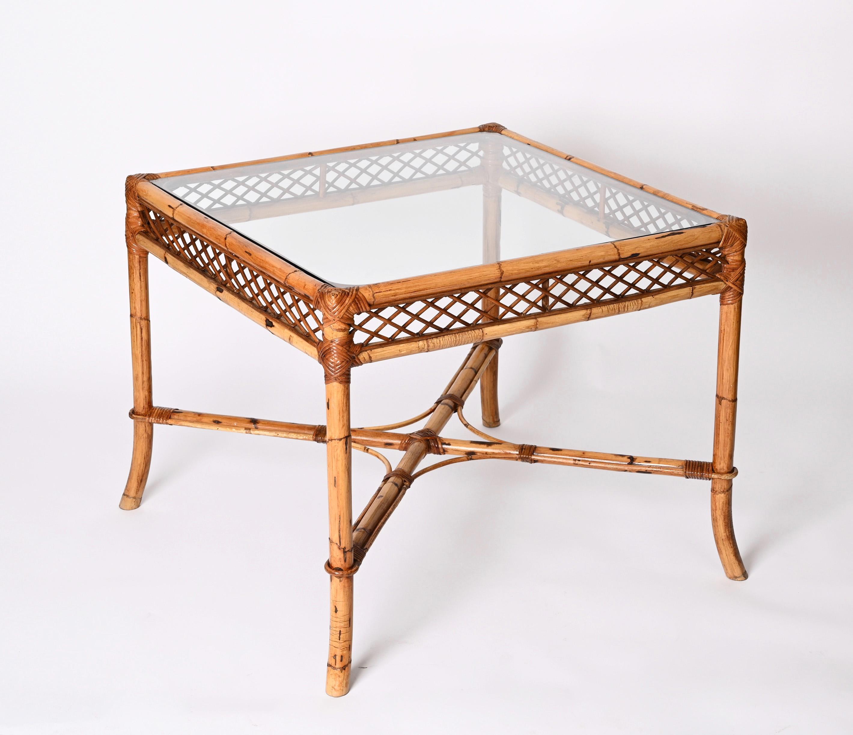 Midcentury Vivai del Sud Squared Bamboo Italian Dining Table with Glass Top 1960 6