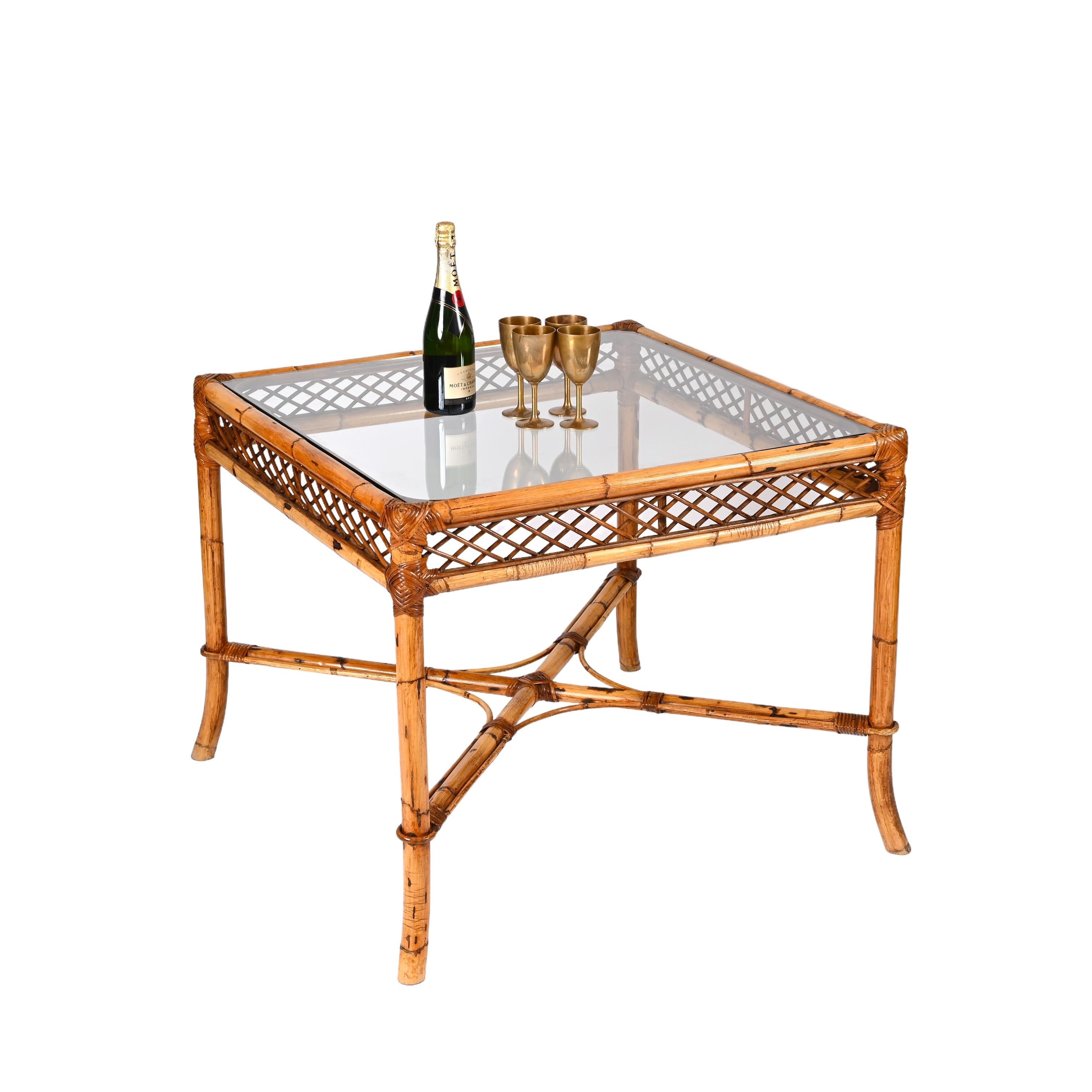 Midcentury Vivai del Sud Squared Bamboo Italian Dining Table with Glass Top 1960 For Sale 11