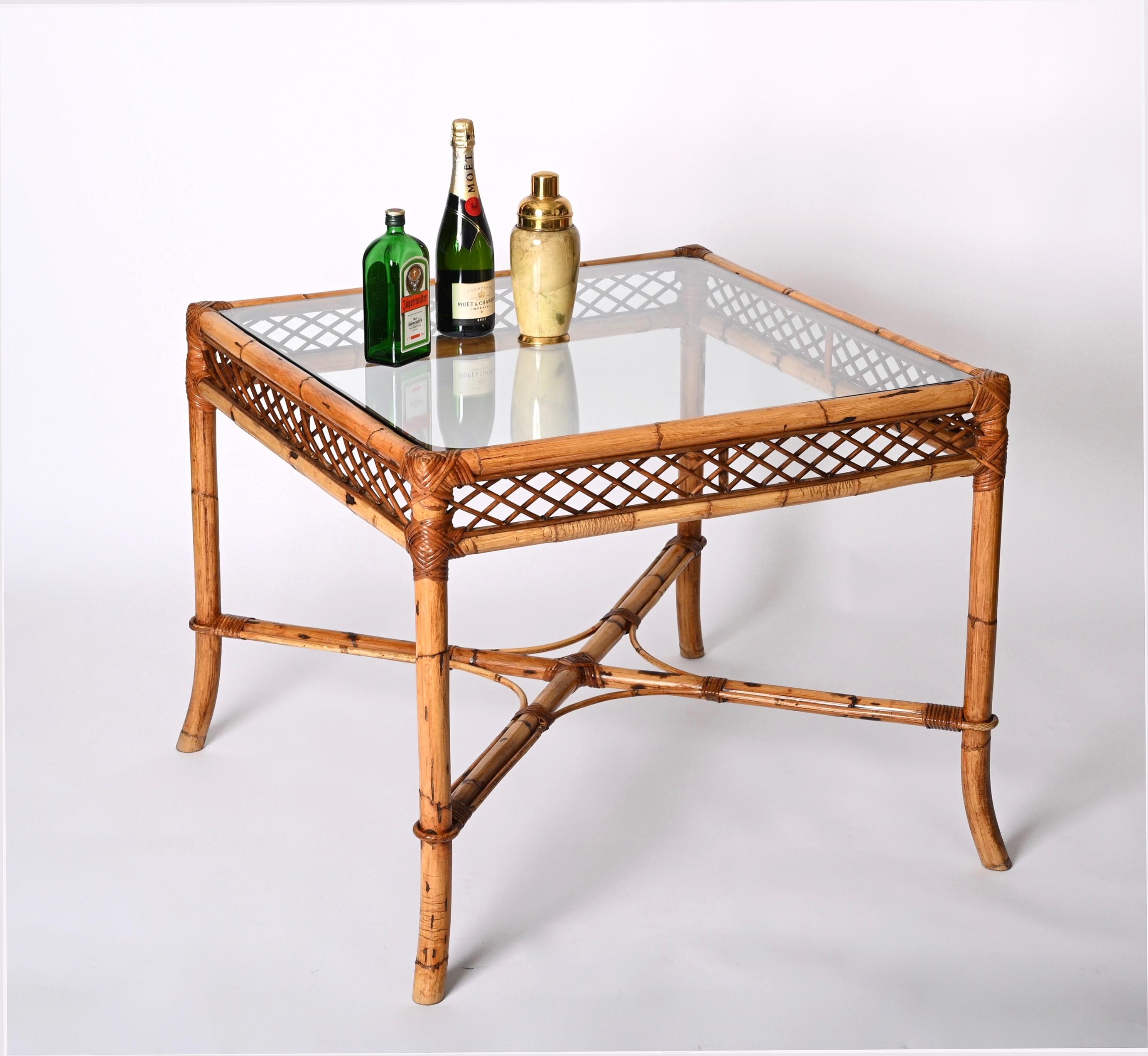 Midcentury Vivai del Sud Squared Bamboo Italian Dining Table with Glass Top 1960 For Sale 12
