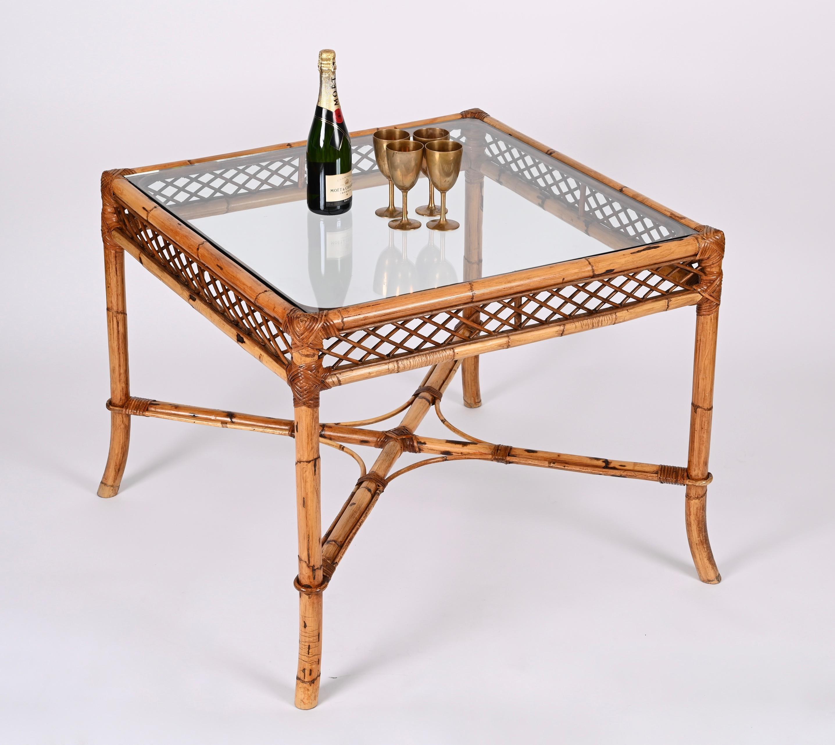 Midcentury Vivai del Sud Squared Bamboo Italian Dining Table with Glass Top 1960 13