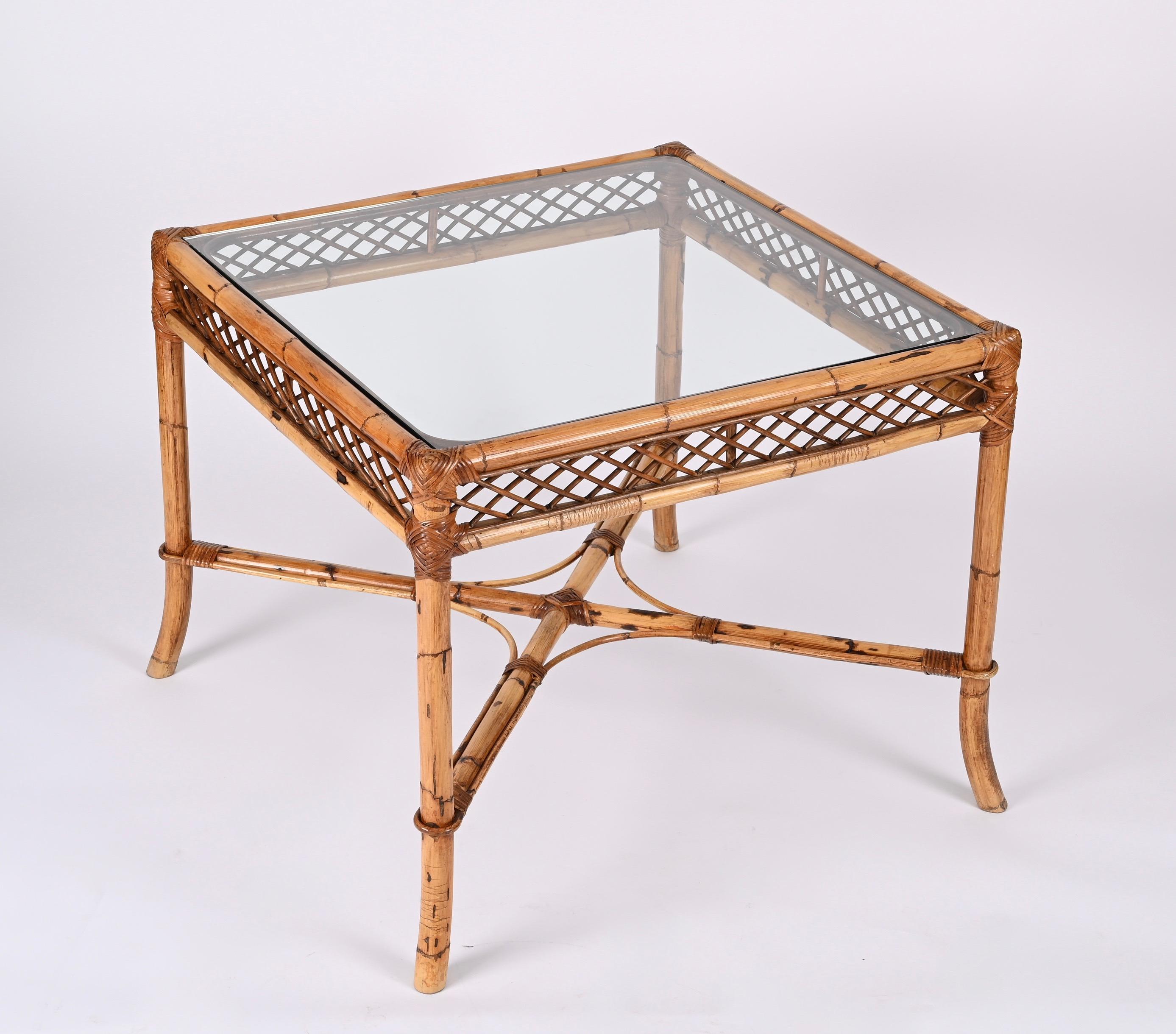 Midcentury Vivai del Sud Squared Bamboo Italian Dining Table with Glass Top 1960 In Good Condition In Roma, IT