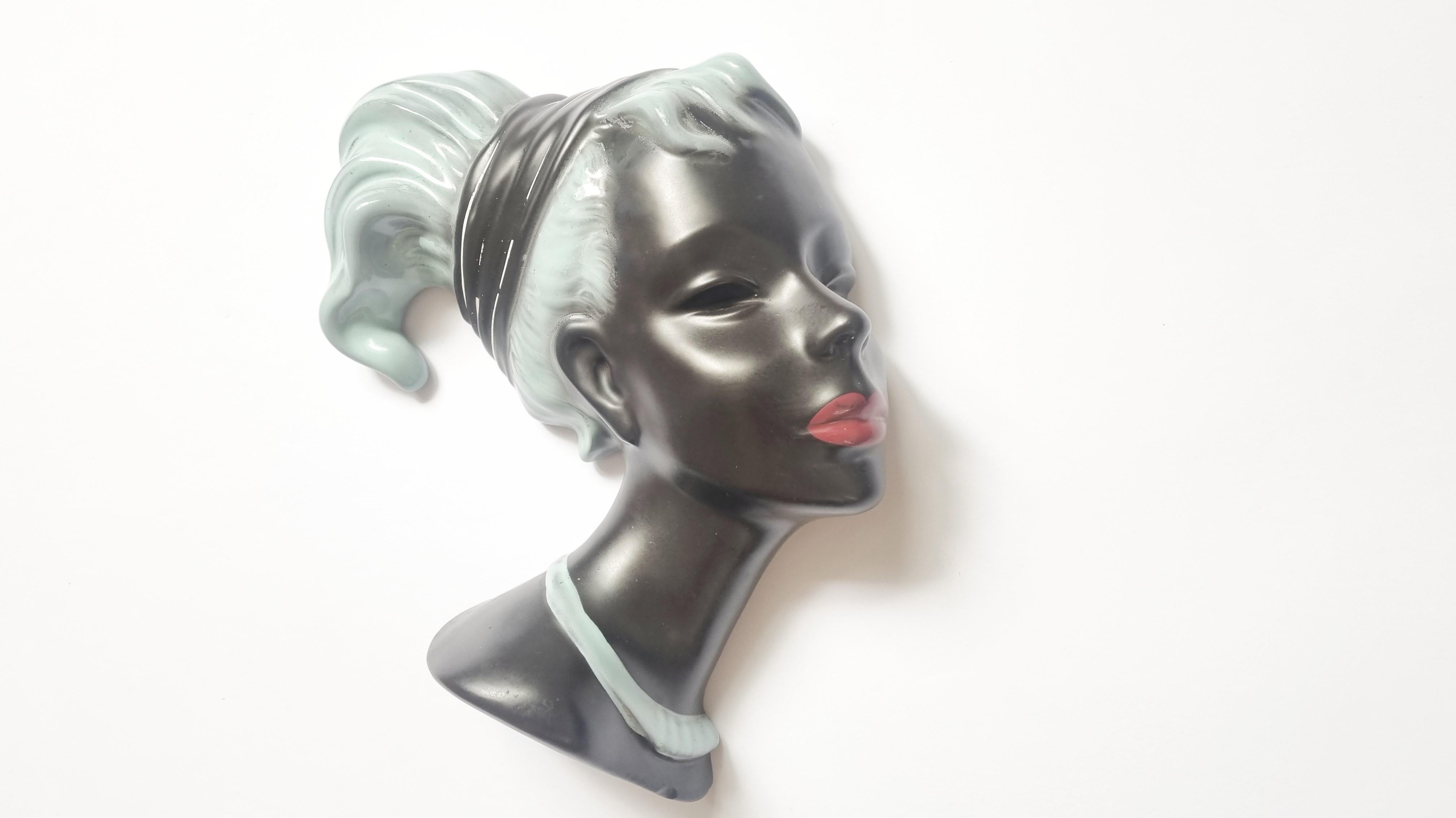 Midcentury Wall Ceramic Sculpture Woman Face Mask, Germany, 1960s In Excellent Condition For Sale In Praha, CZ
