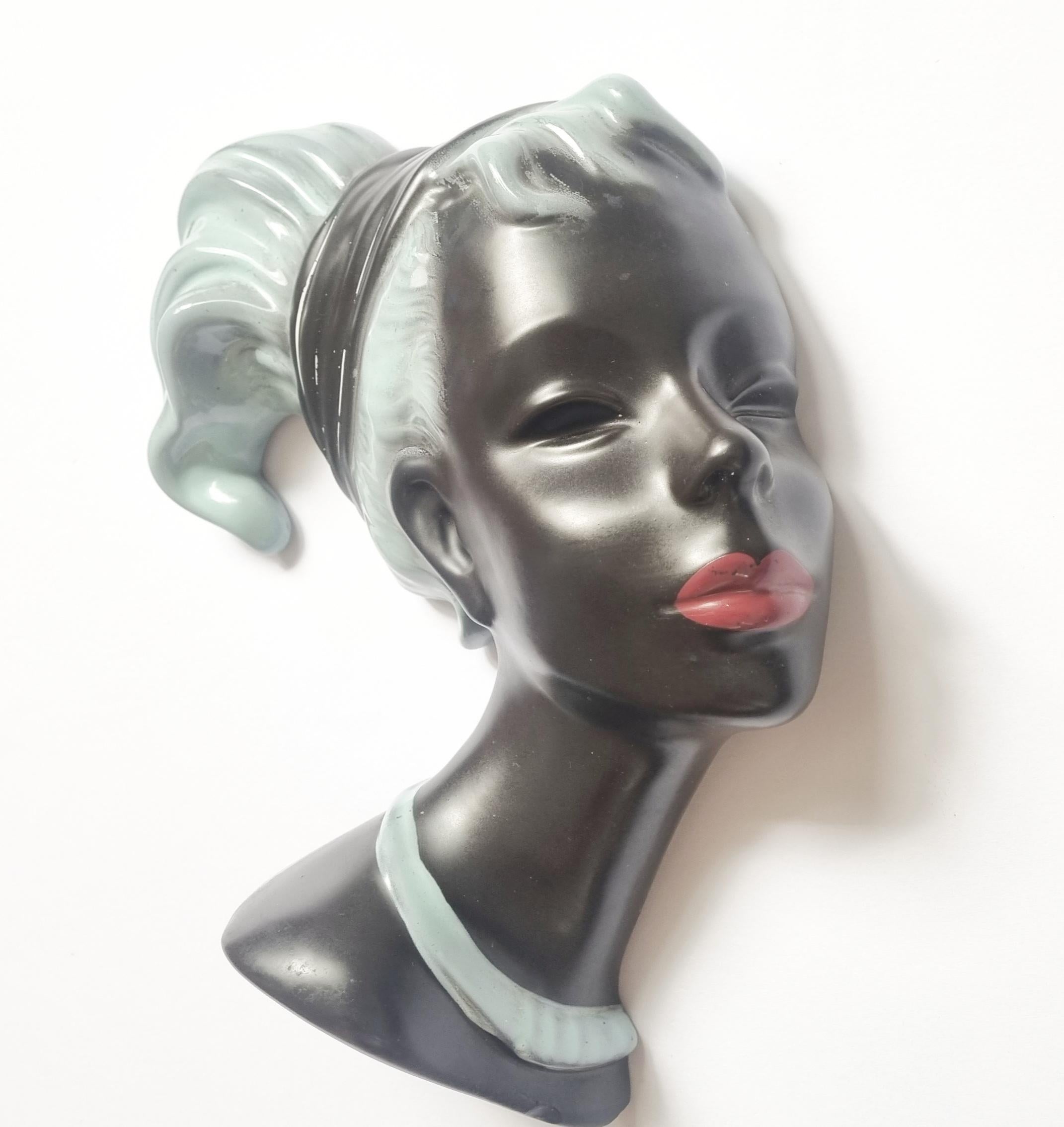 Midcentury Wall Ceramic Sculpture Woman Face Mask, Germany, 1960s For Sale 1
