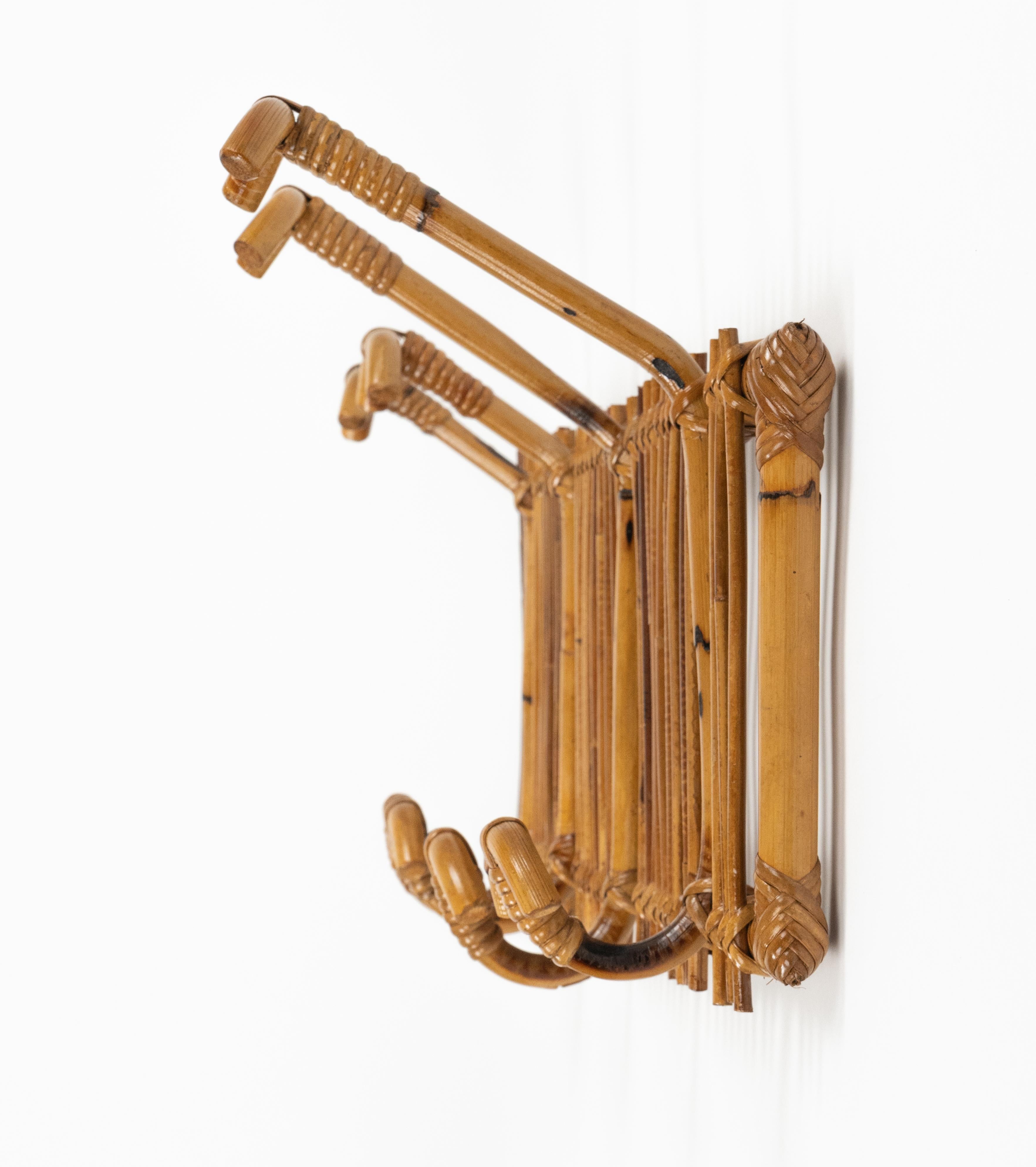 Midcentury Wall Coat Rack Stand Bamboo and Rattan, Italy 1960s For Sale 4