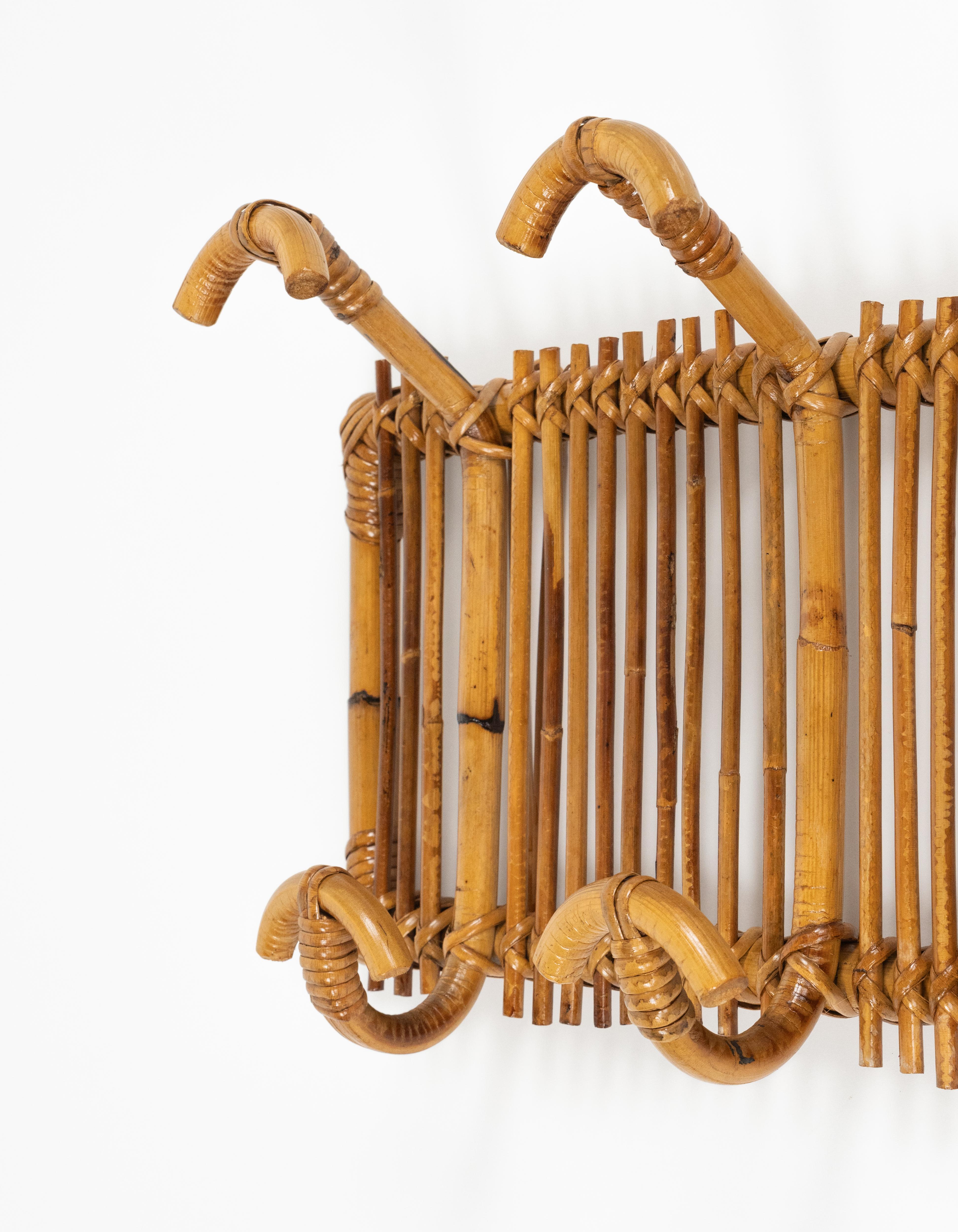 Midcentury Wall Coat Rack Stand Bamboo and Rattan, Italy 1960s For Sale 5