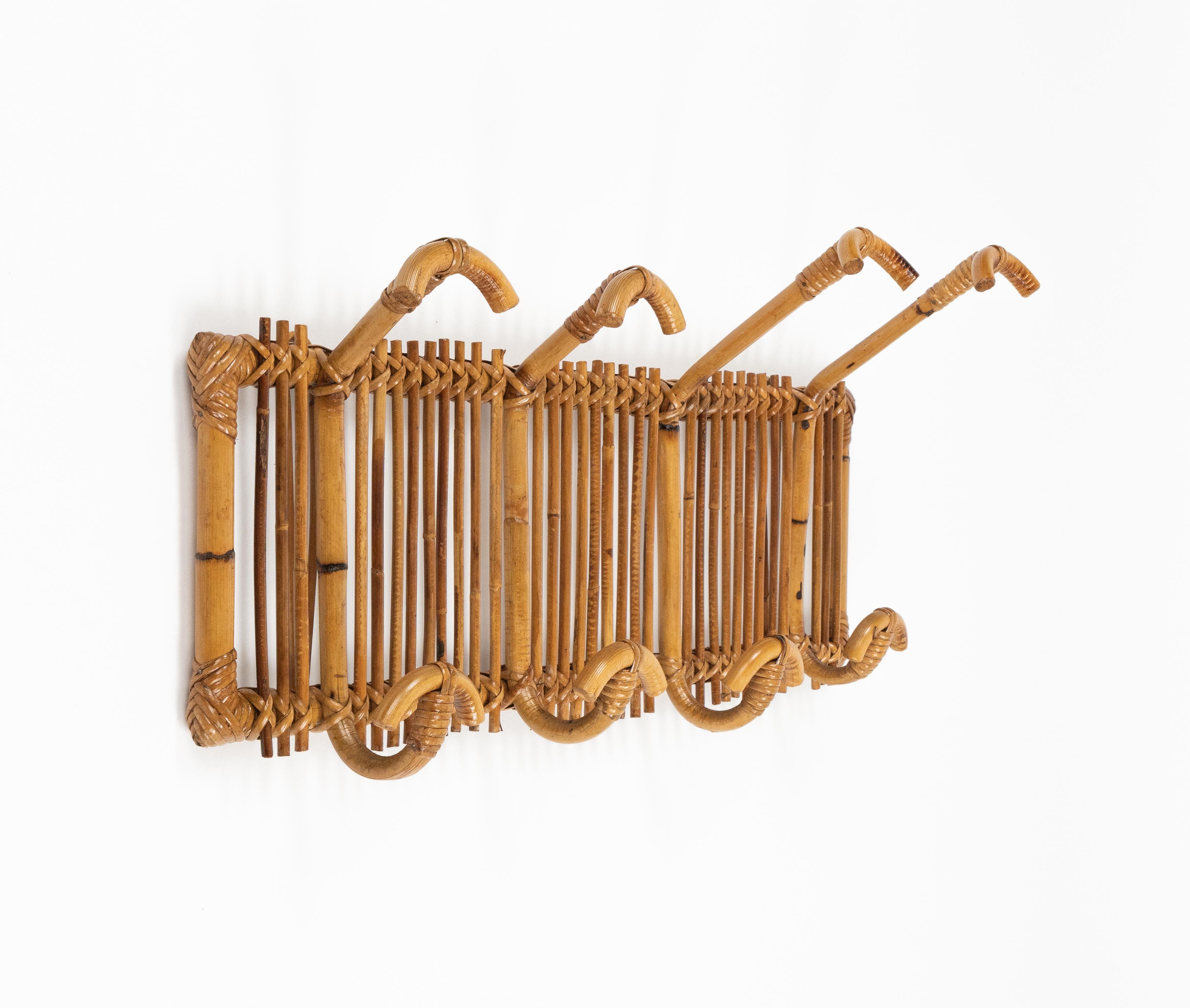 Midcentury Wall Coat Rack Stand Bamboo and Rattan, Italy 1960s For Sale 8