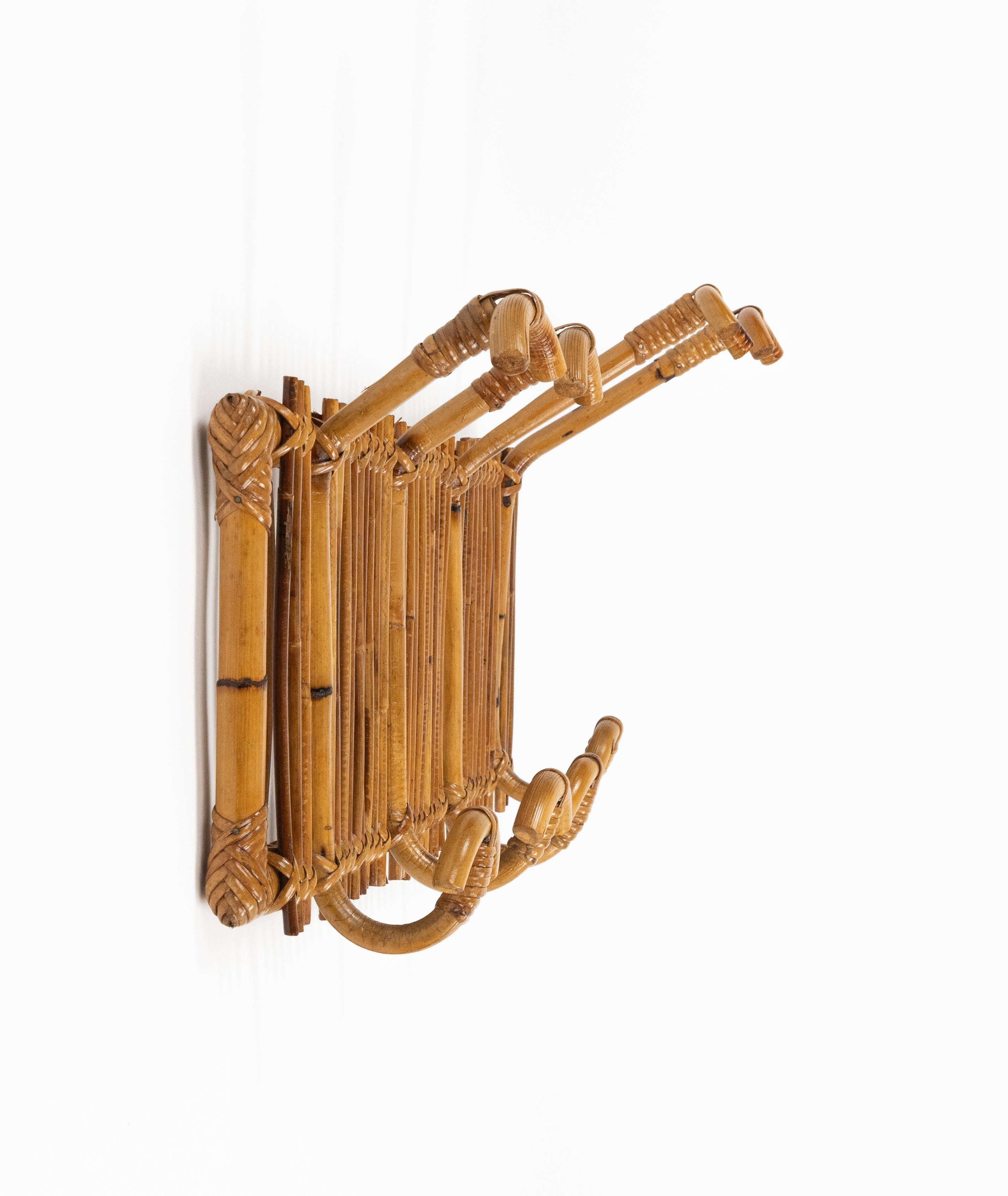 Mid-Century Modern Midcentury Wall Coat Rack Stand Bamboo and Rattan, Italy 1960s For Sale