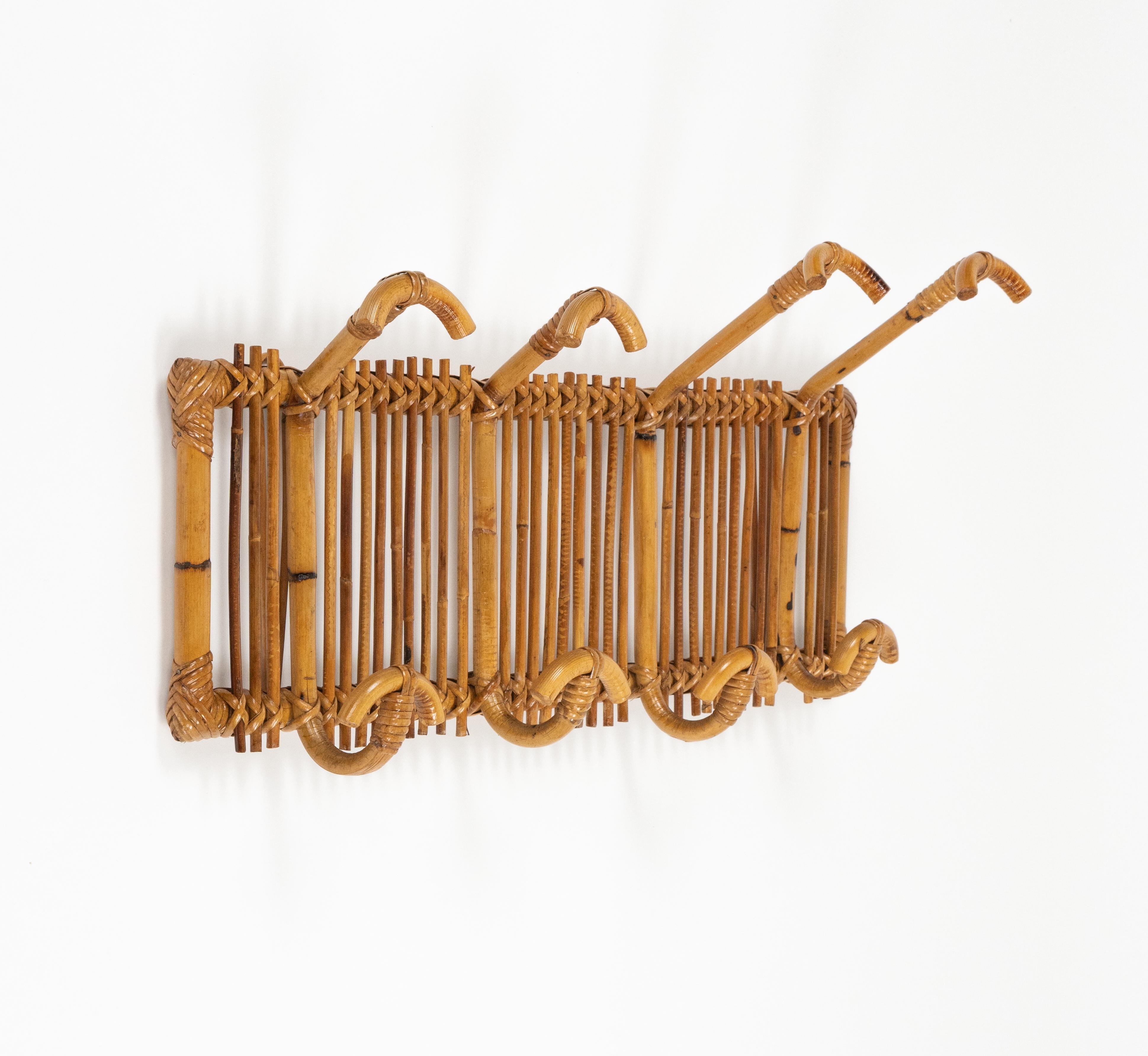 Mid-20th Century Midcentury Wall Coat Rack Stand Bamboo and Rattan, Italy 1960s For Sale