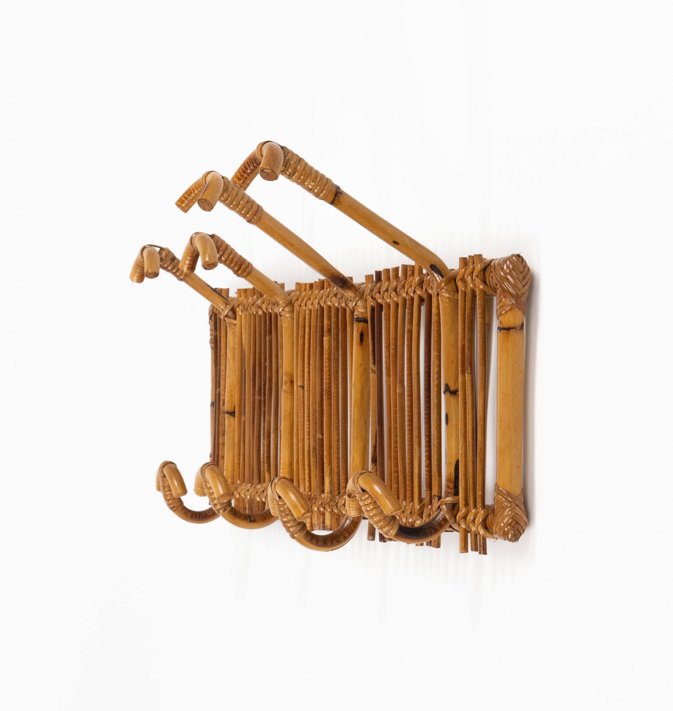 Midcentury Wall Coat Rack Stand Bamboo and Rattan, Italy 1960s For Sale 1