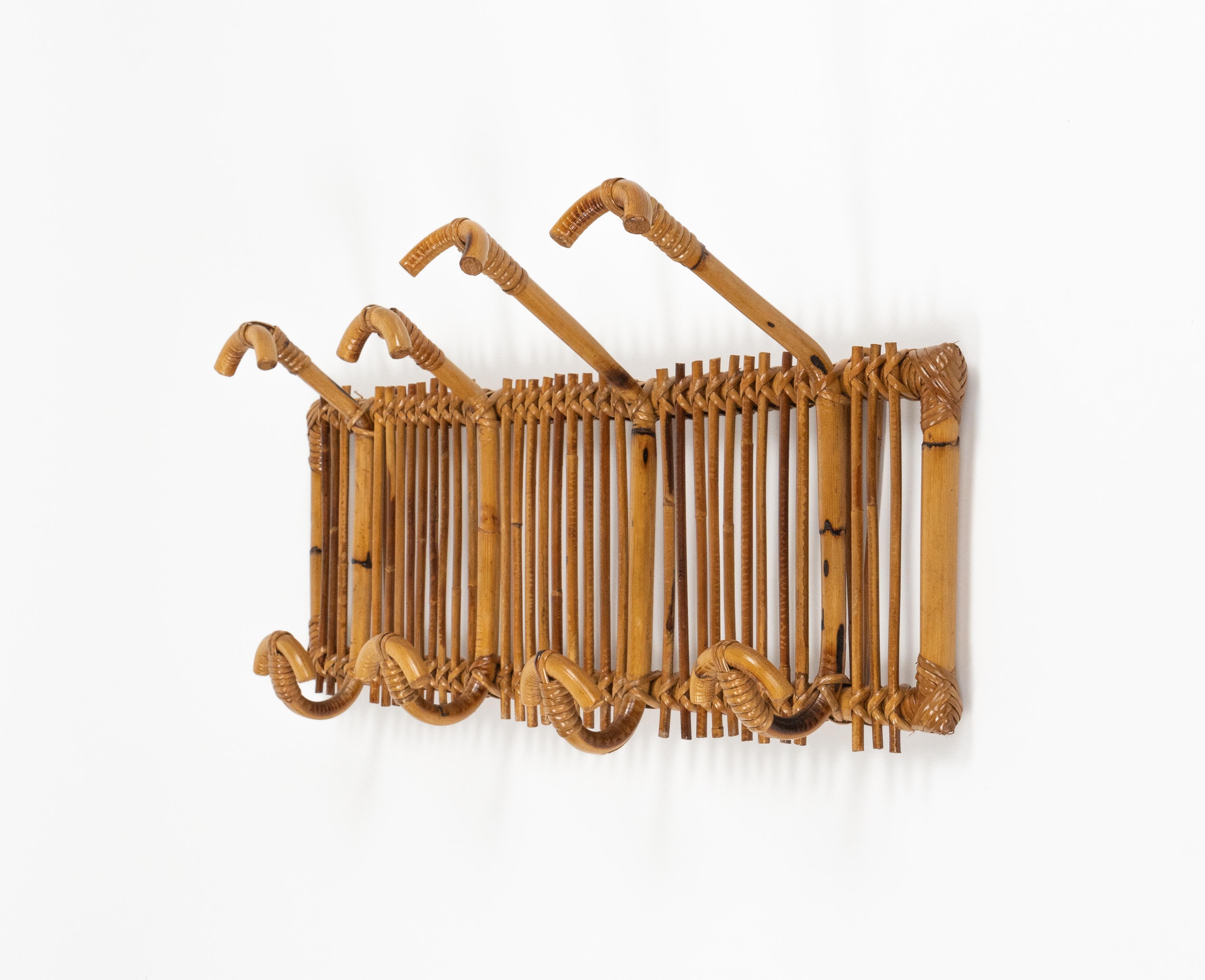 Midcentury Wall Coat Rack Stand Bamboo and Rattan, Italy 1960s For Sale 2