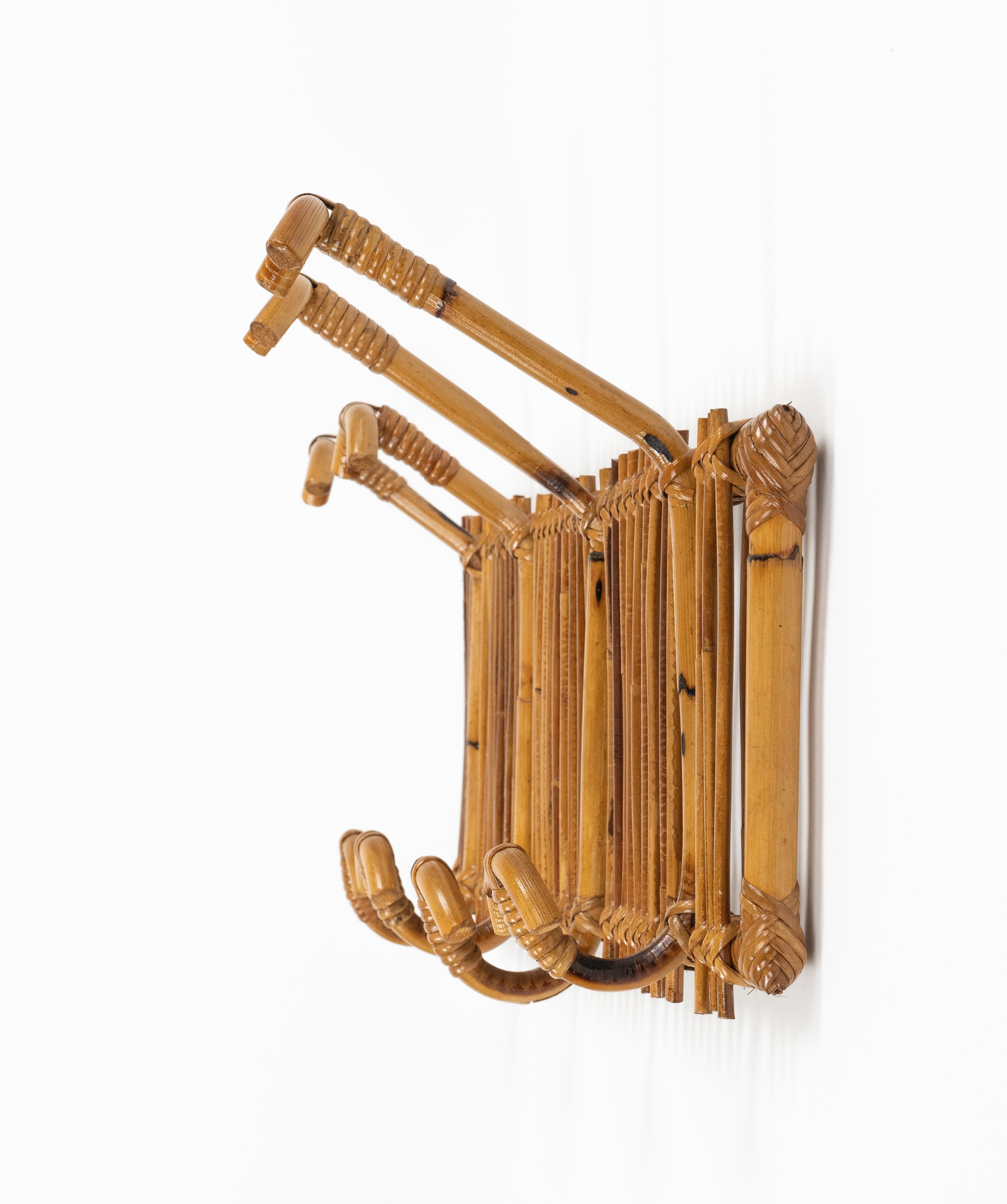 Midcentury Wall Coat Rack Stand Bamboo and Rattan, Italy 1960s For Sale 3