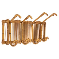 Midcentury Wall Coat Rack Stand Bamboo and Rattan, Italy 1960s