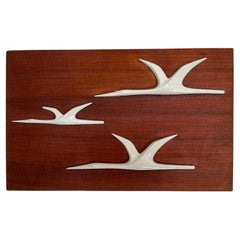 Vintage Midcentury Wall Decoration Sgrafo Modern, Birds, Teak and Porcelain, 1960s